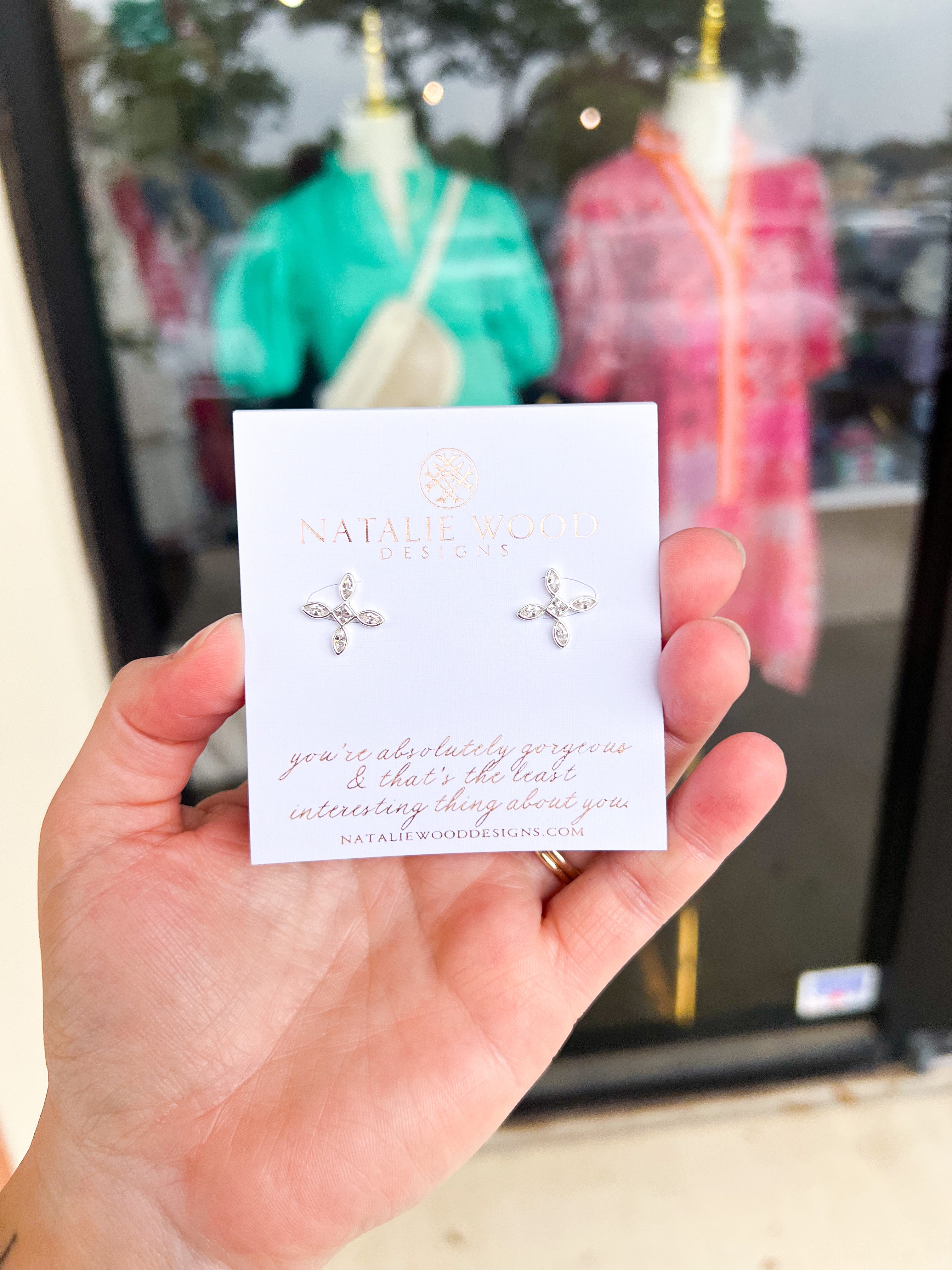 Natalie Wood - Radiant Cross Stud Earrings in Clear Crystal/Silver-110 Jewelry & Hair-Natalie Wood-July & June Women's Fashion Boutique Located in San Antonio, Texas