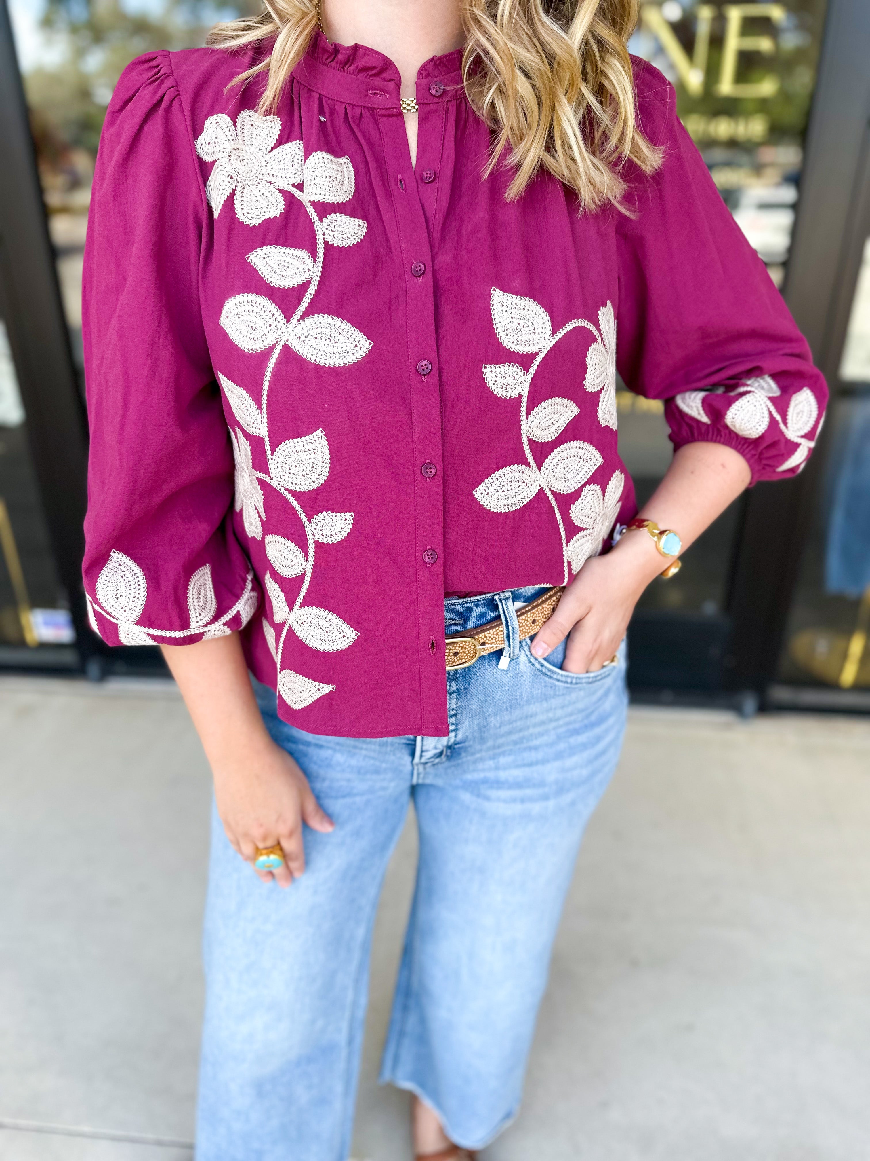 Mallory Embroidered Blouse - Magenta-200 Fashion Blouses-ABLE-July & June Women's Fashion Boutique Located in San Antonio, Texas