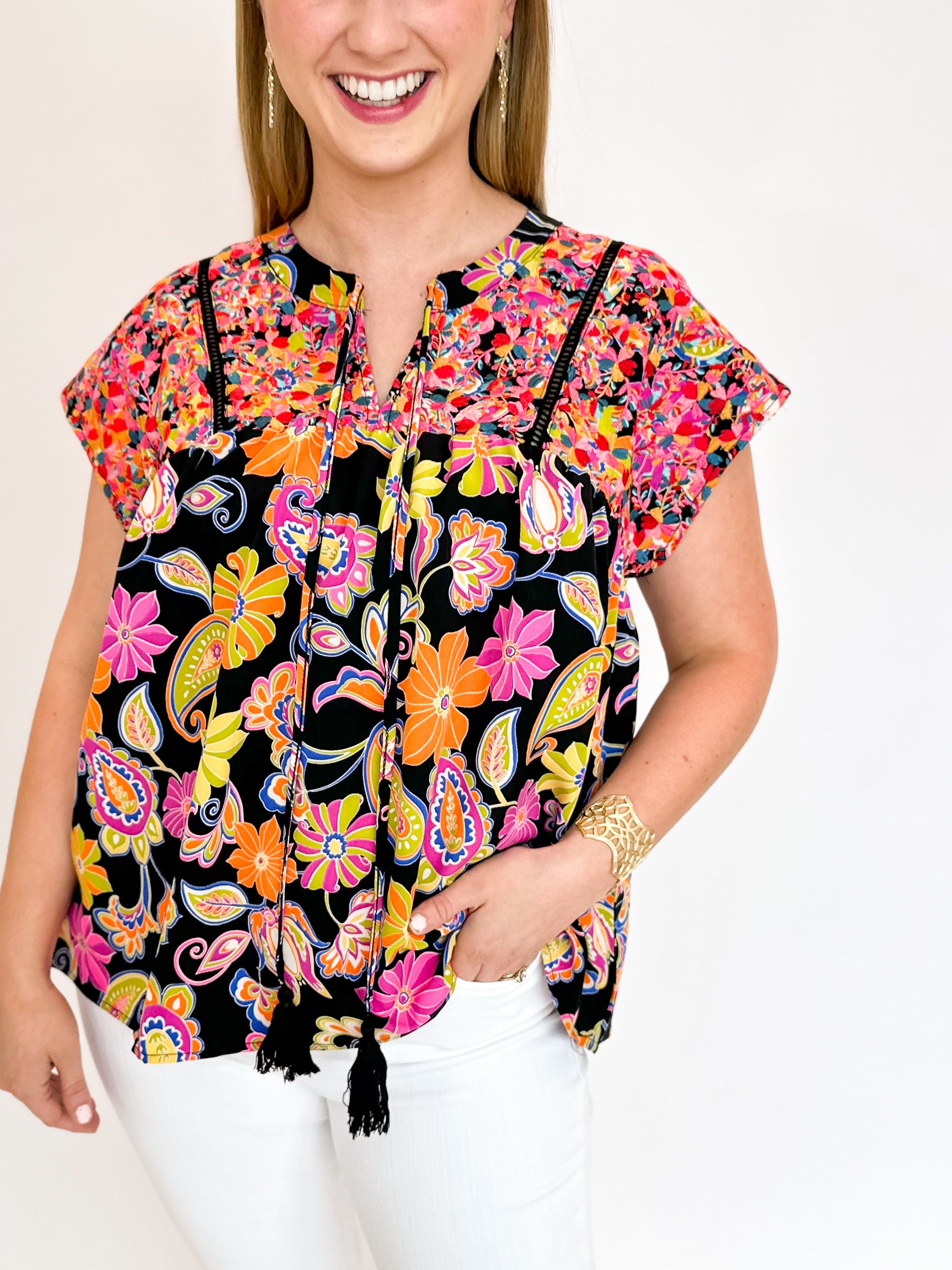 Black Floral Embroidered Blouse-200 Fashion Blouses-ANDREE BY UNIT-July & June Women's Fashion Boutique Located in San Antonio, Texas
