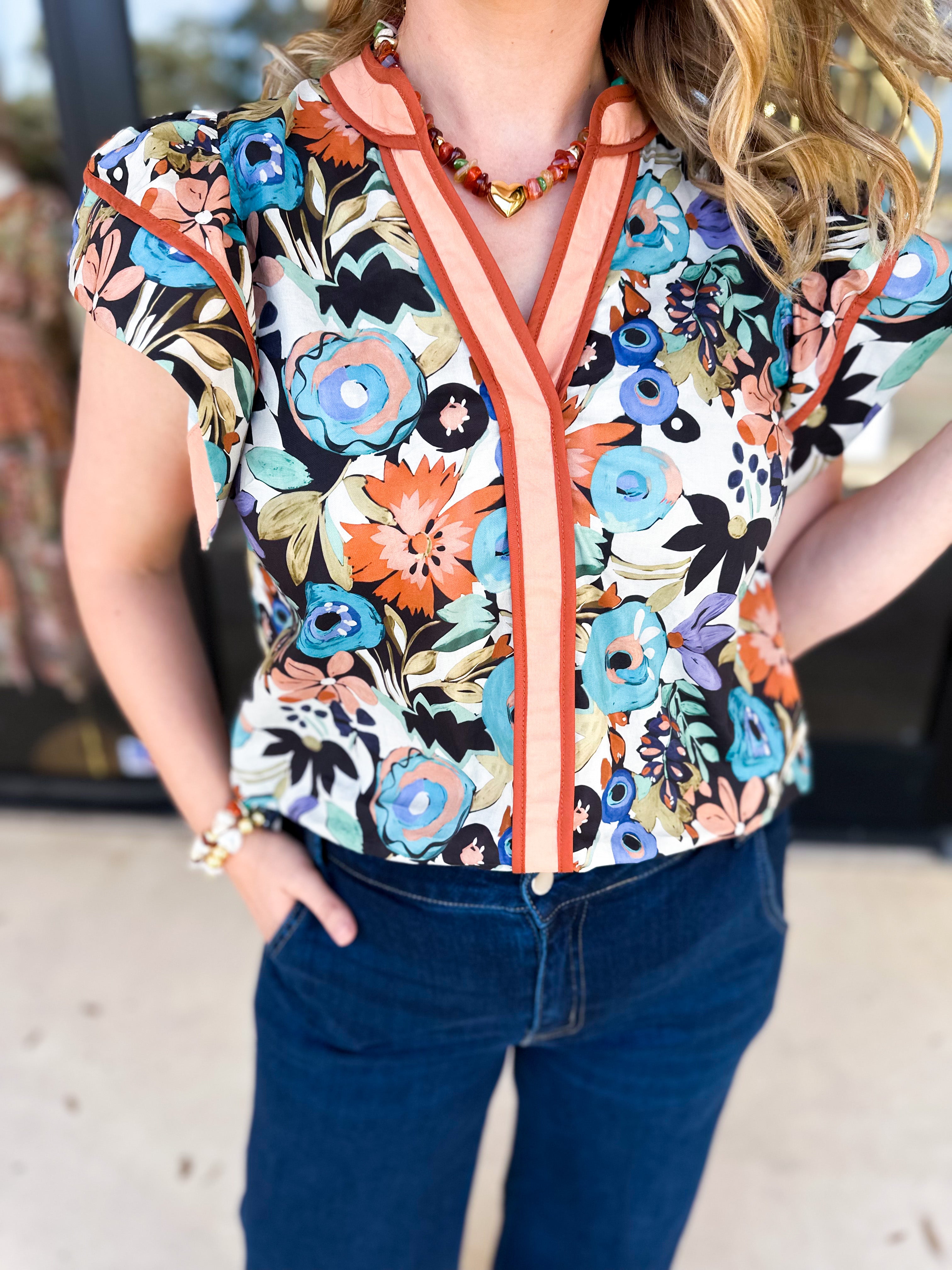 Fun In Fall Florals Blouse-200 Fashion Blouses-ENTRO-July & June Women's Fashion Boutique Located in San Antonio, Texas