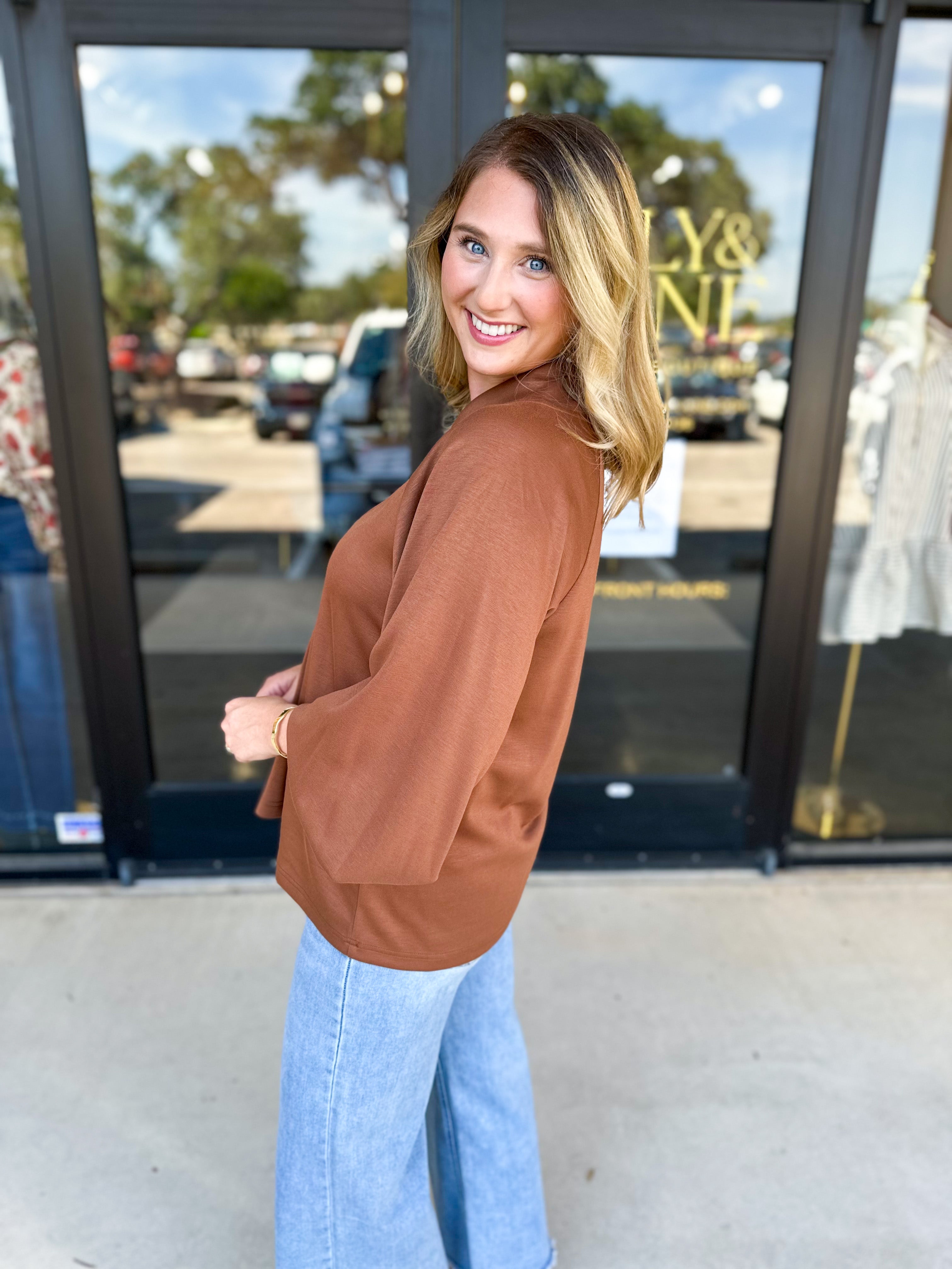 Everyday Comfy Long Sleeve - Chocolate-210 Casual Blouses-JODIFL-July & June Women's Fashion Boutique Located in San Antonio, Texas