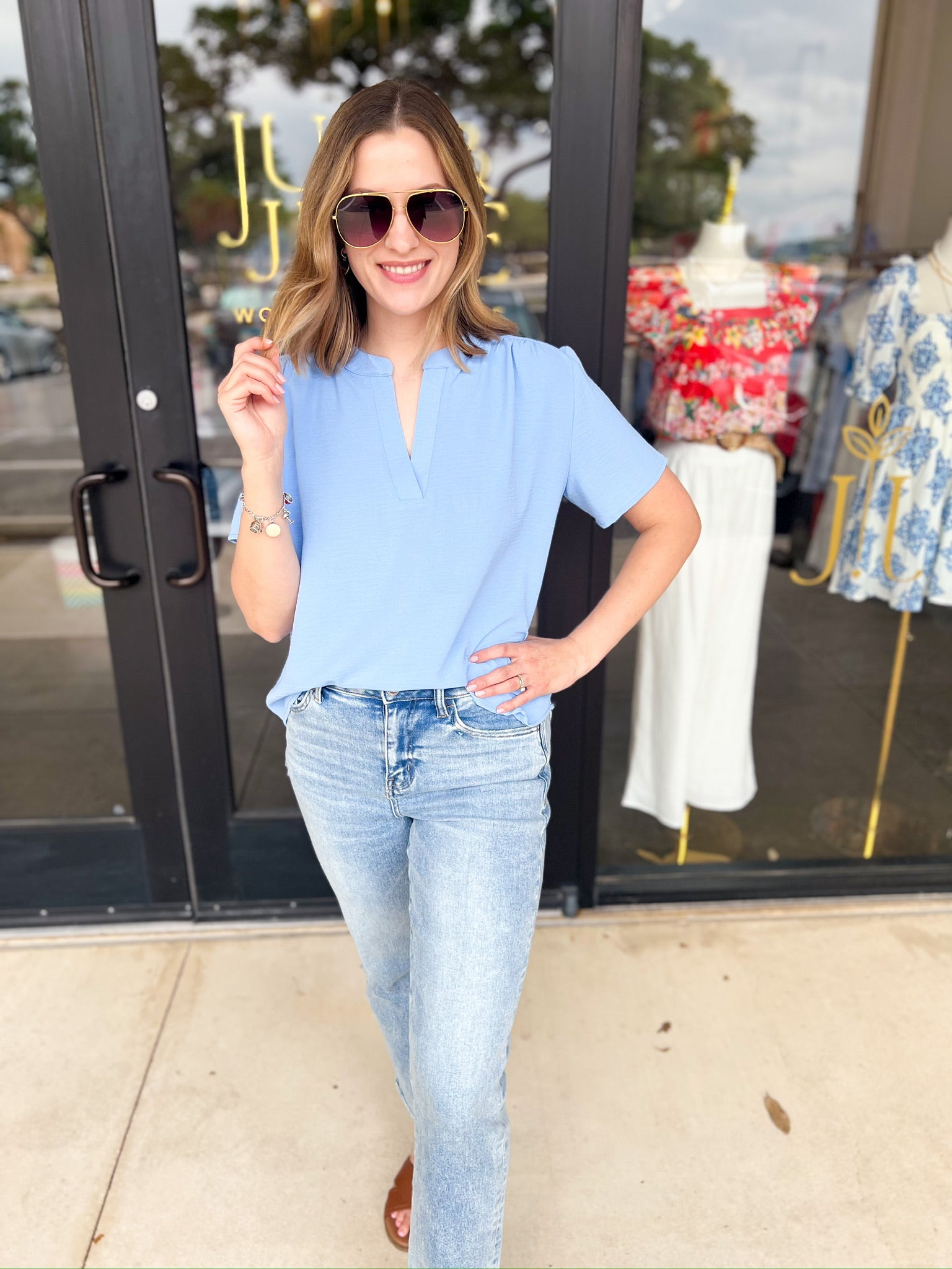 Classic V-Neck Blouse - Light Blue-200 Fashion Blouses-ENTRO-July & June Women's Fashion Boutique Located in San Antonio, Texas