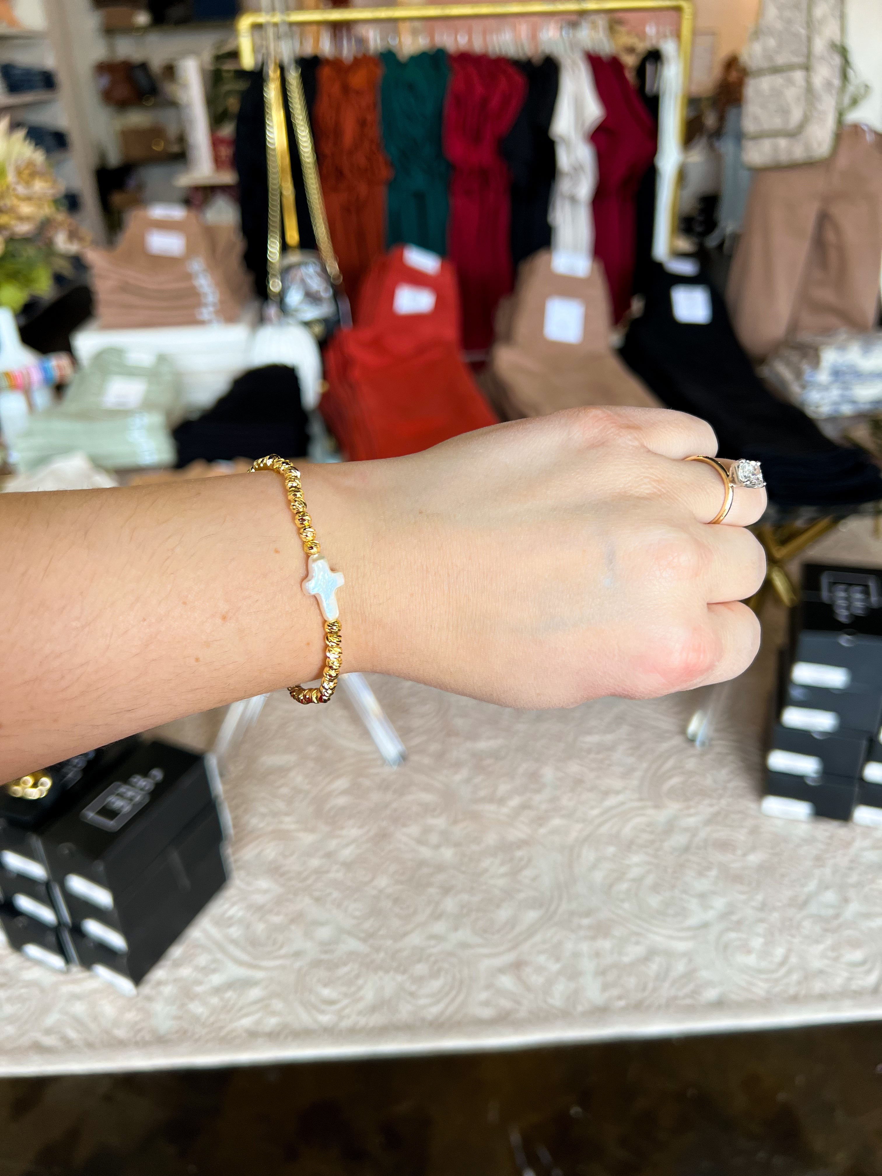 Beam Bracelet With Pearl Cross - Easton Elle-110 Jewelry & Hair-Easton Elle-July & June Women's Fashion Boutique Located in San Antonio, Texas
