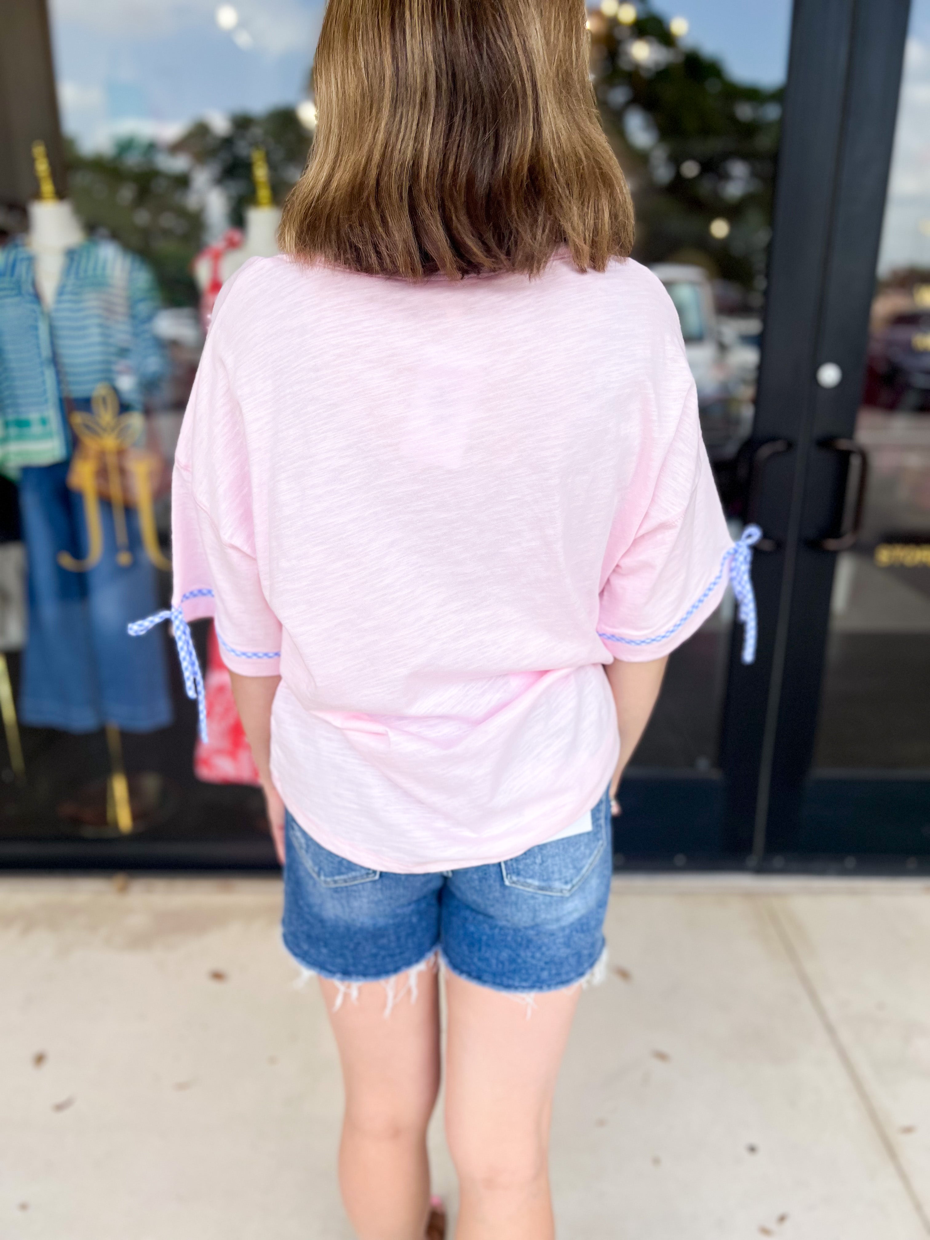 Pink Gingham USA Tee-210 Casual Blouses-PEACH LOVE-July & June Women's Fashion Boutique Located in San Antonio, Texas
