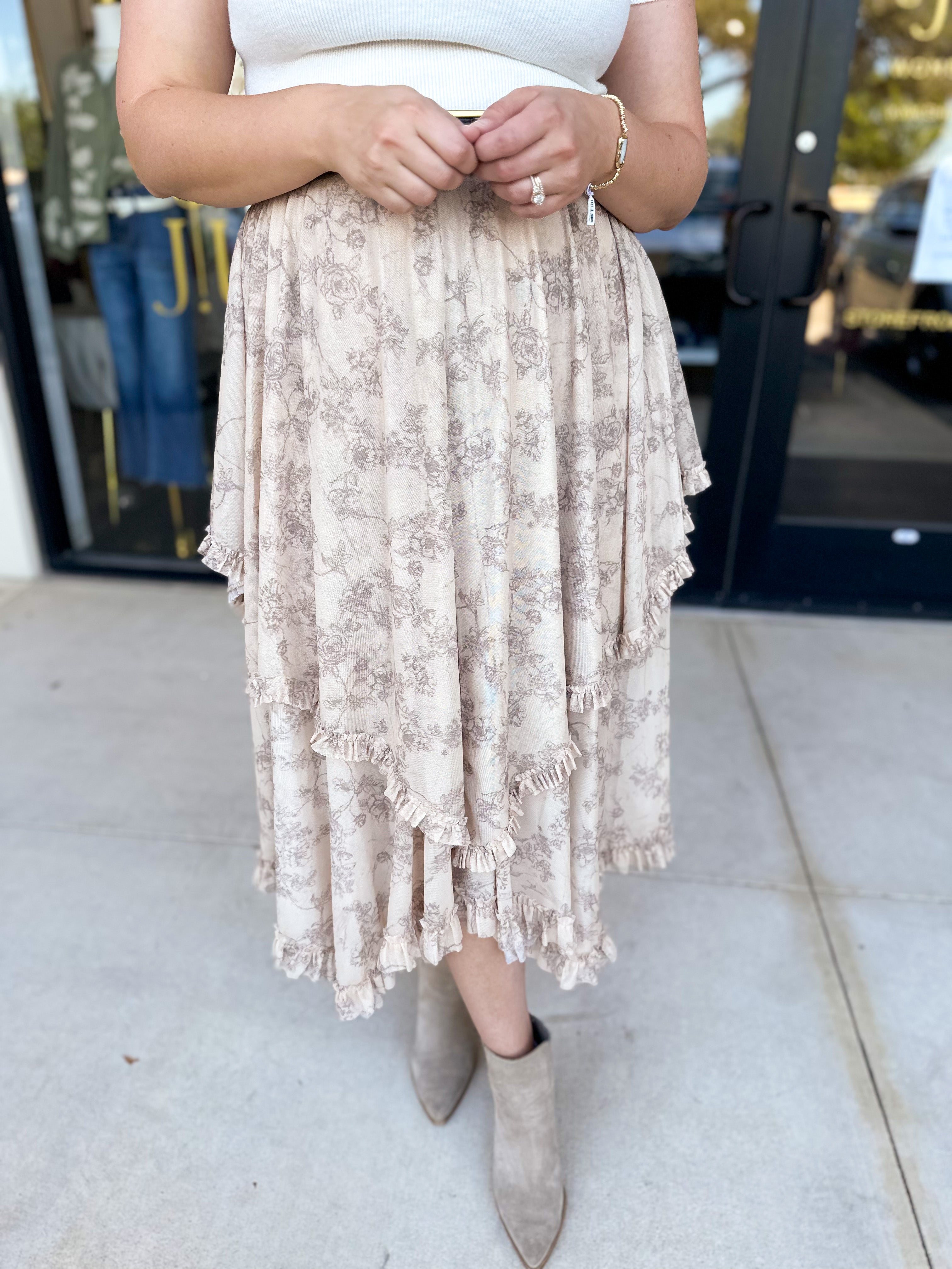 Mocha Floral Midi Skirt-410 Shorts/Skirts-POLOGRAM-July & June Women's Fashion Boutique Located in San Antonio, Texas