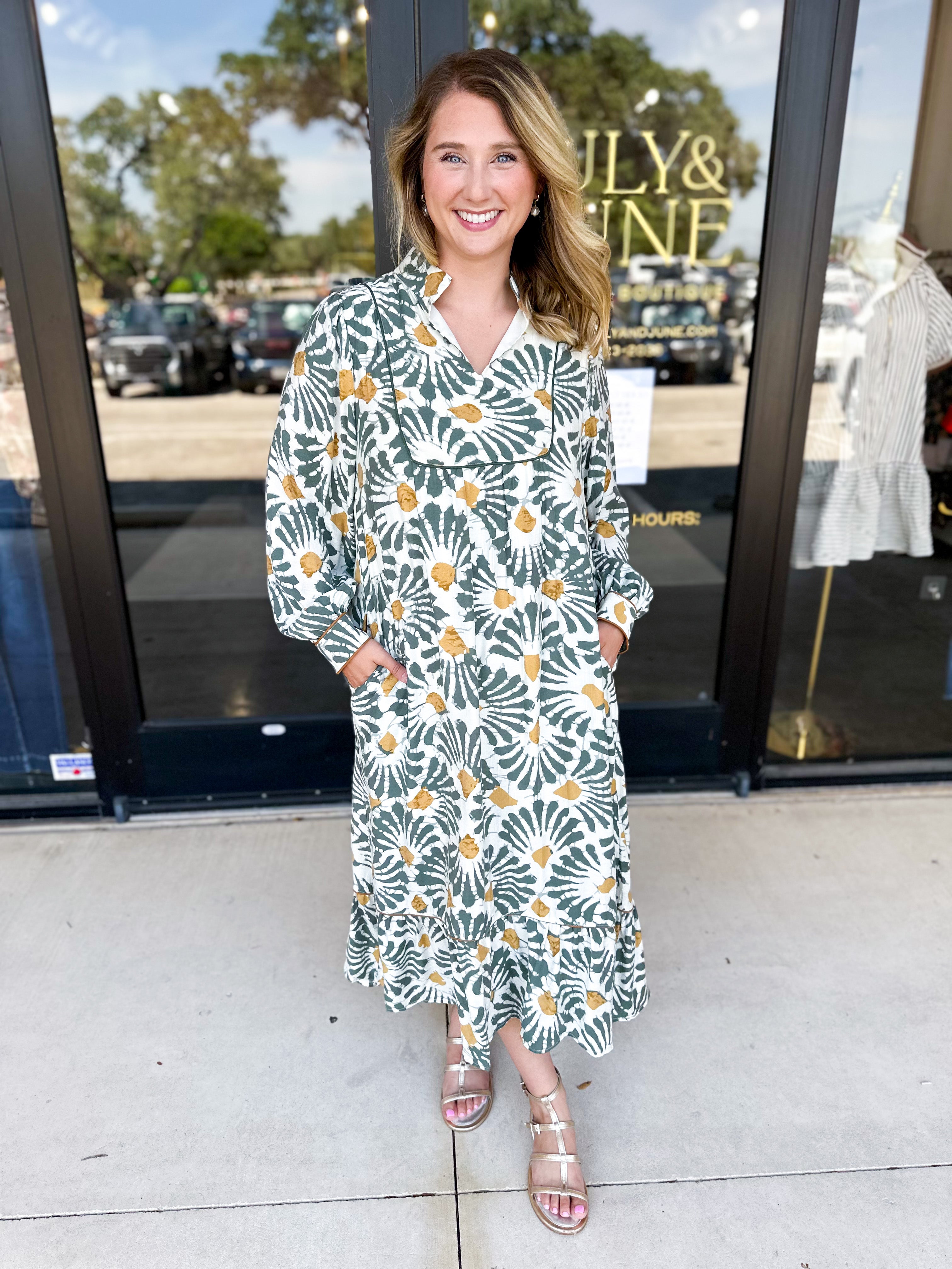 Sage & Mustard Abstract Midi Dress-500 Midi-JODIFL-July & June Women's Fashion Boutique Located in San Antonio, Texas