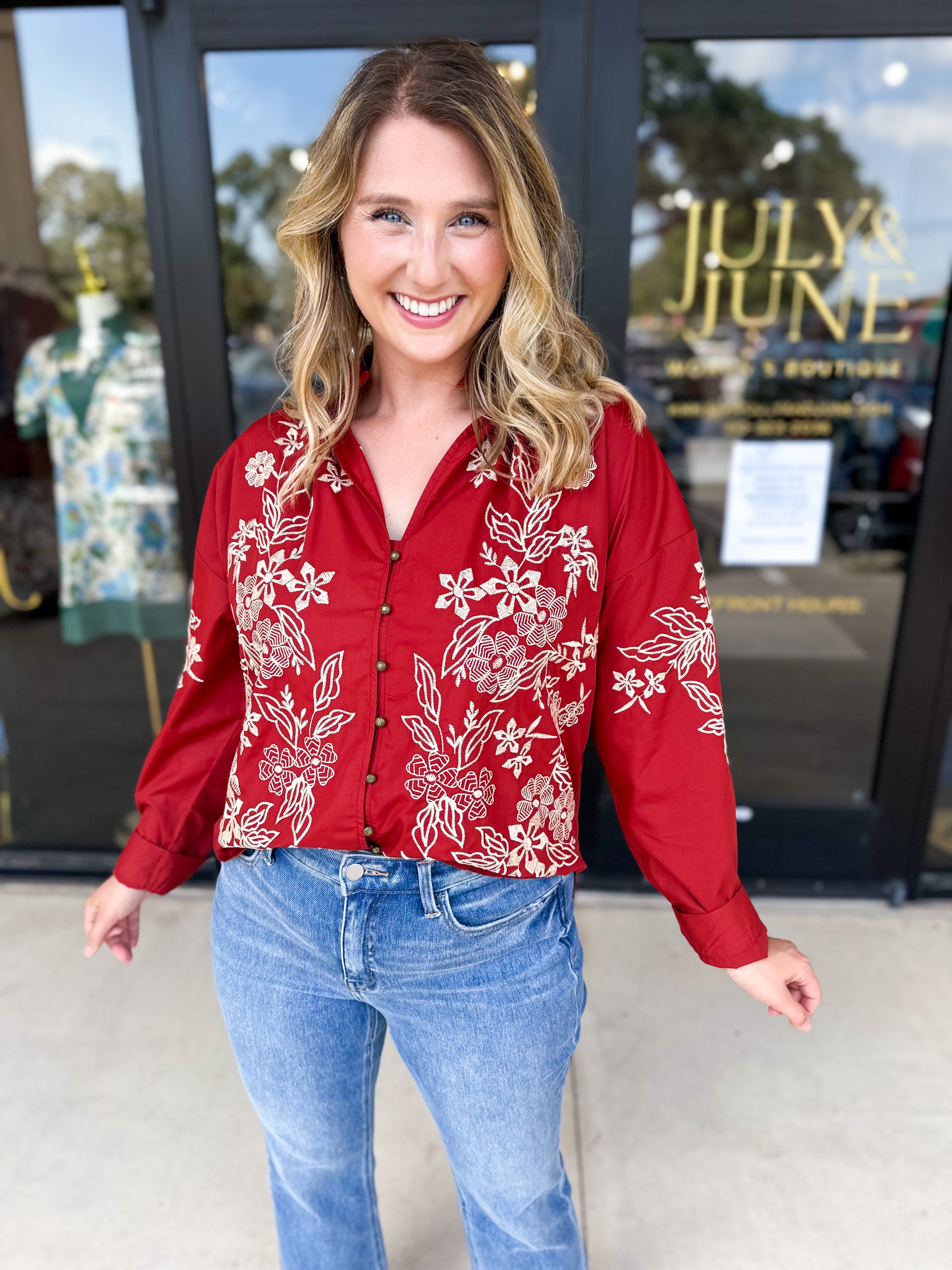Elara Embroidered Blouse - Rust-200 Fashion Blouses-ENTRO-July & June Women's Fashion Boutique Located in San Antonio, Texas