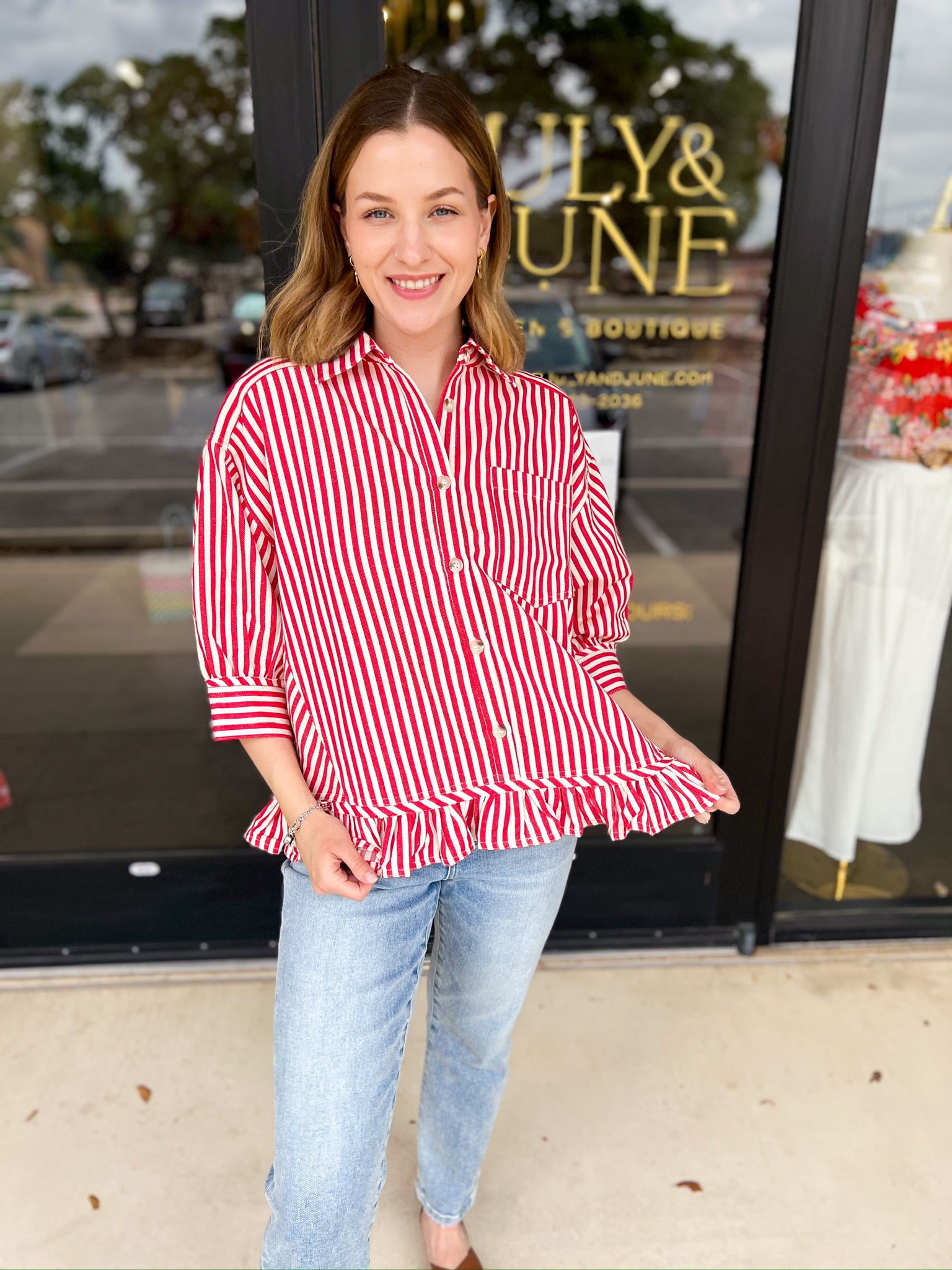 Sweetheart Denim Button Down - Red-200 Fashion Blouses-FATE-July & June Women's Fashion Boutique Located in San Antonio, Texas