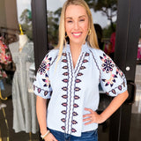 THML - Baby Blues Embroidered Blouse-200 Fashion Blouses-THML-July & June Women's Fashion Boutique Located in San Antonio, Texas