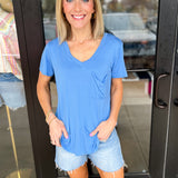 Essential V-Neck Tee - Electric Blue-210 Casual Blouses-ADRIENNE-July & June Women's Fashion Boutique Located in San Antonio, Texas