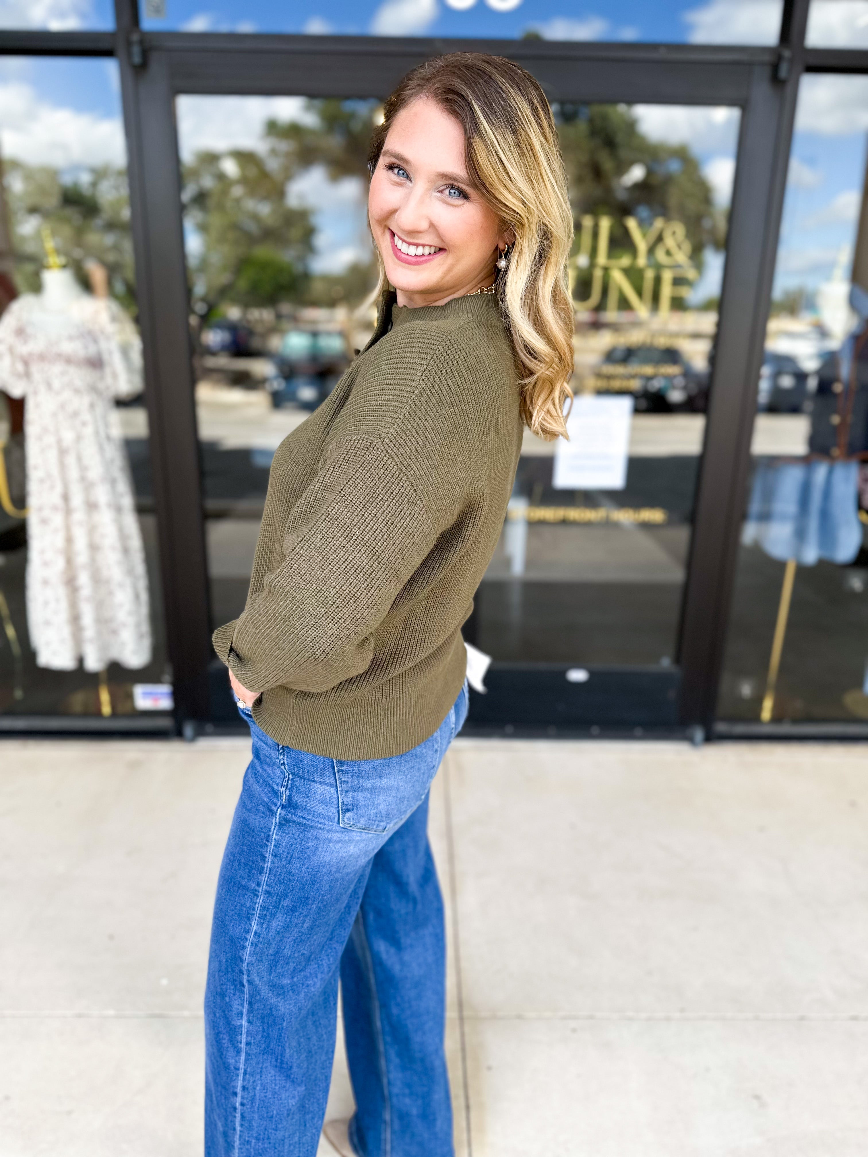 The Everyday Henley Sweater - Olive-230 Sweaters/Cardis-JODIFL-July & June Women's Fashion Boutique Located in San Antonio, Texas
