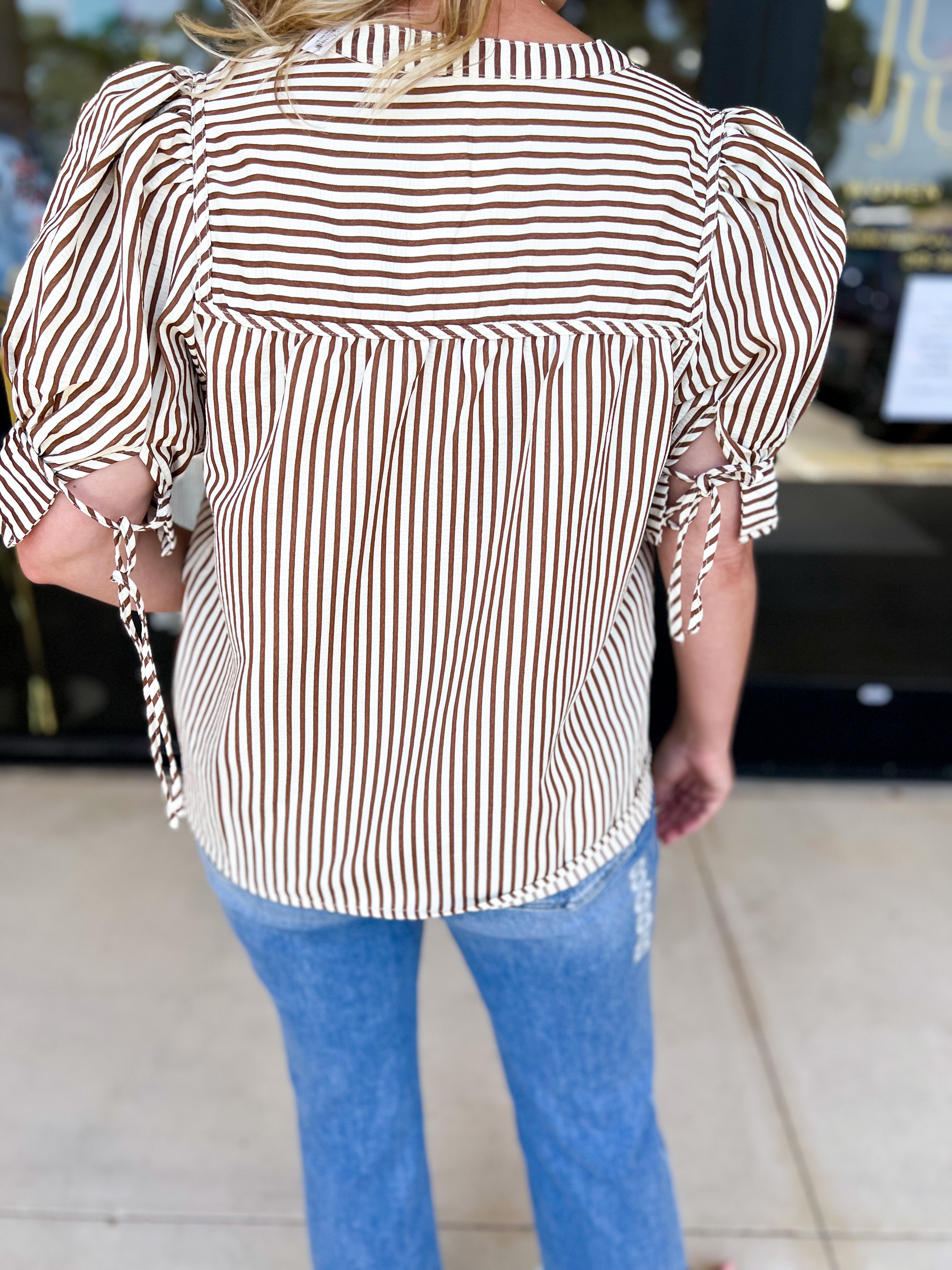 Striped Henley Blouse - Brown-200 Fashion Blouses-ENTRO-July & June Women's Fashion Boutique Located in San Antonio, Texas