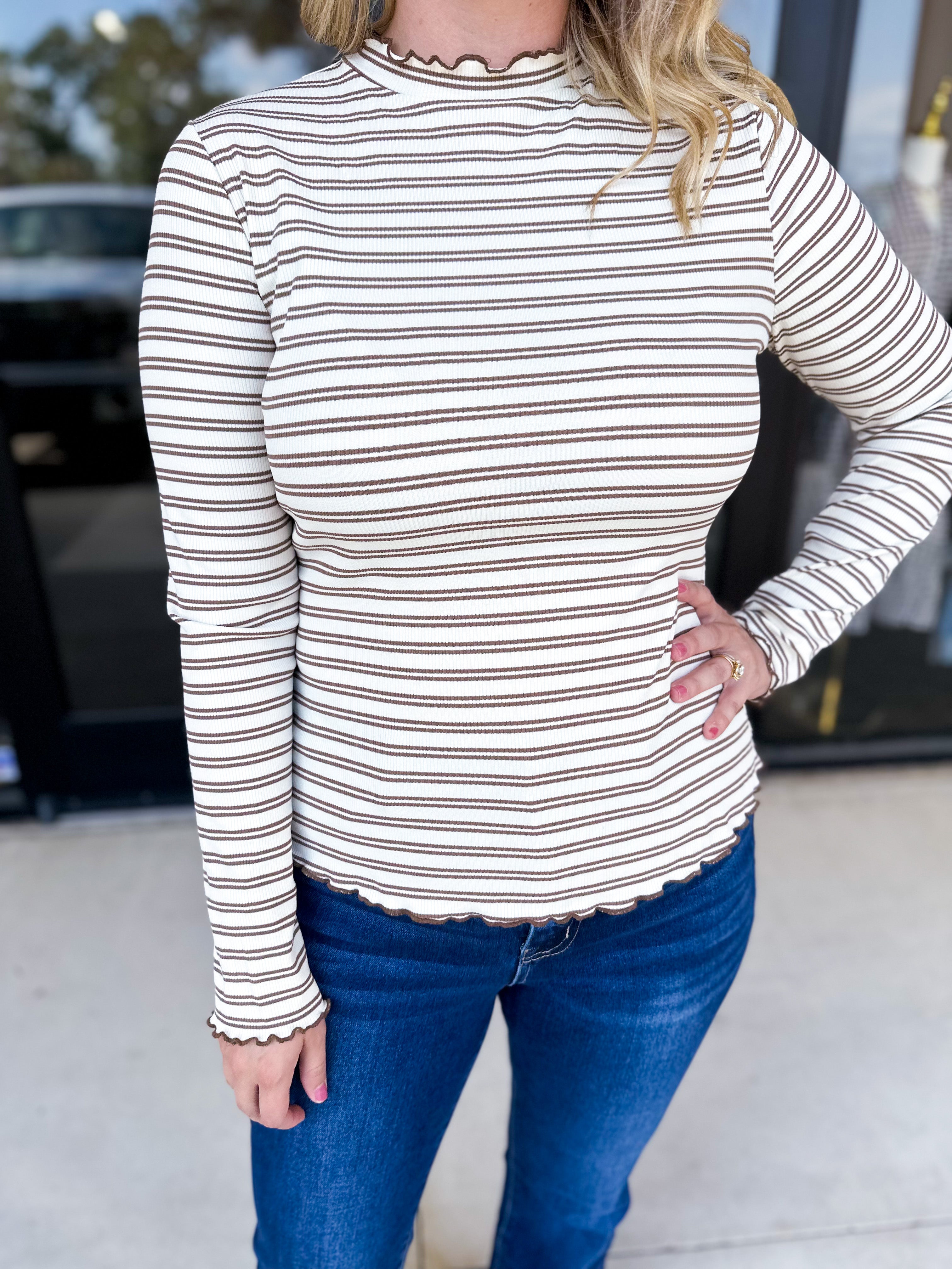 Stripe Mock Neck Long Sleeve - Mocha-210 Casual Blouses-POLOGRAM-July & June Women's Fashion Boutique Located in San Antonio, Texas