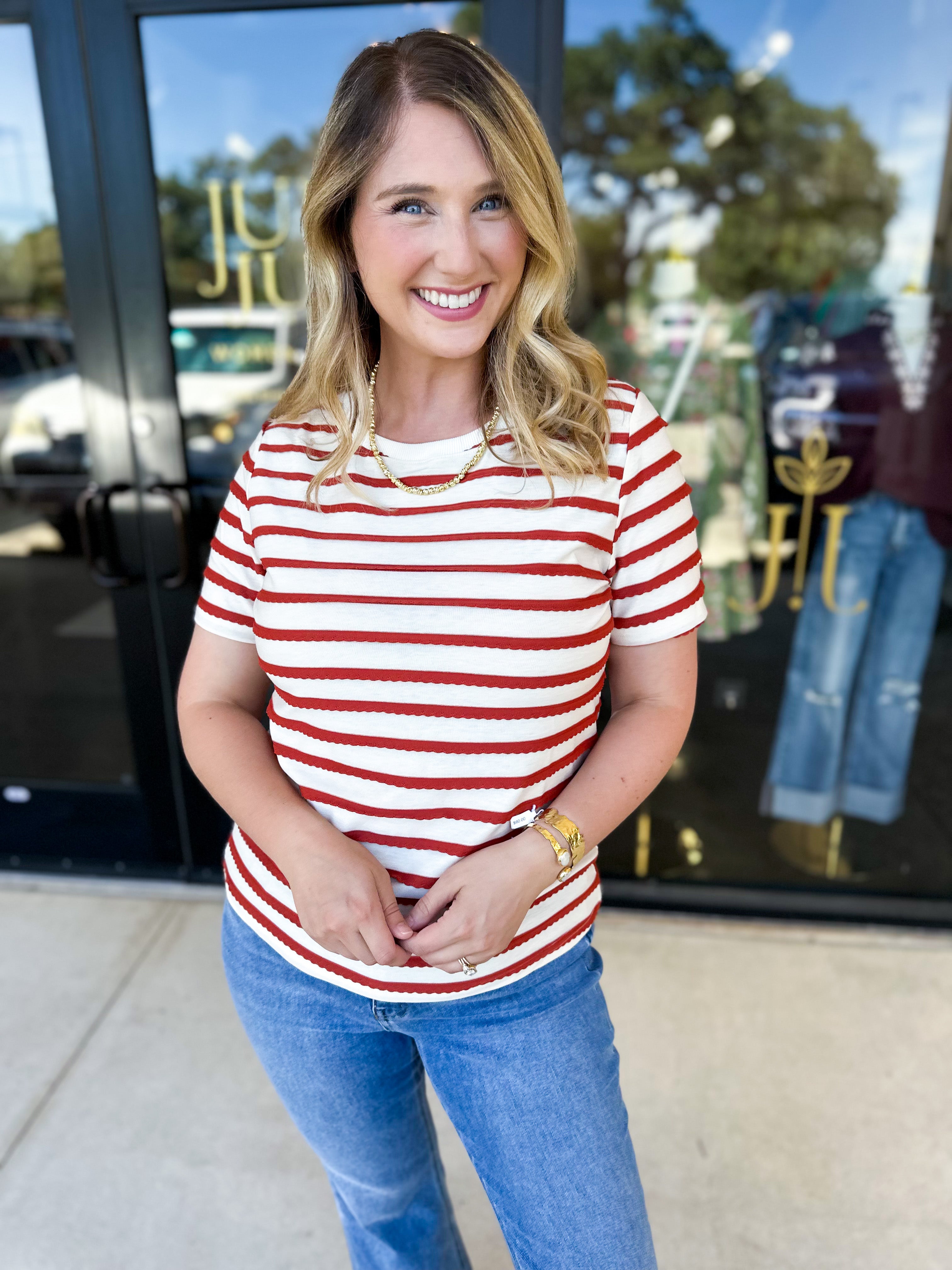 Striped Round Neck Tee - Rust-210 Casual Blouses-POLOGRAM-July & June Women's Fashion Boutique Located in San Antonio, Texas