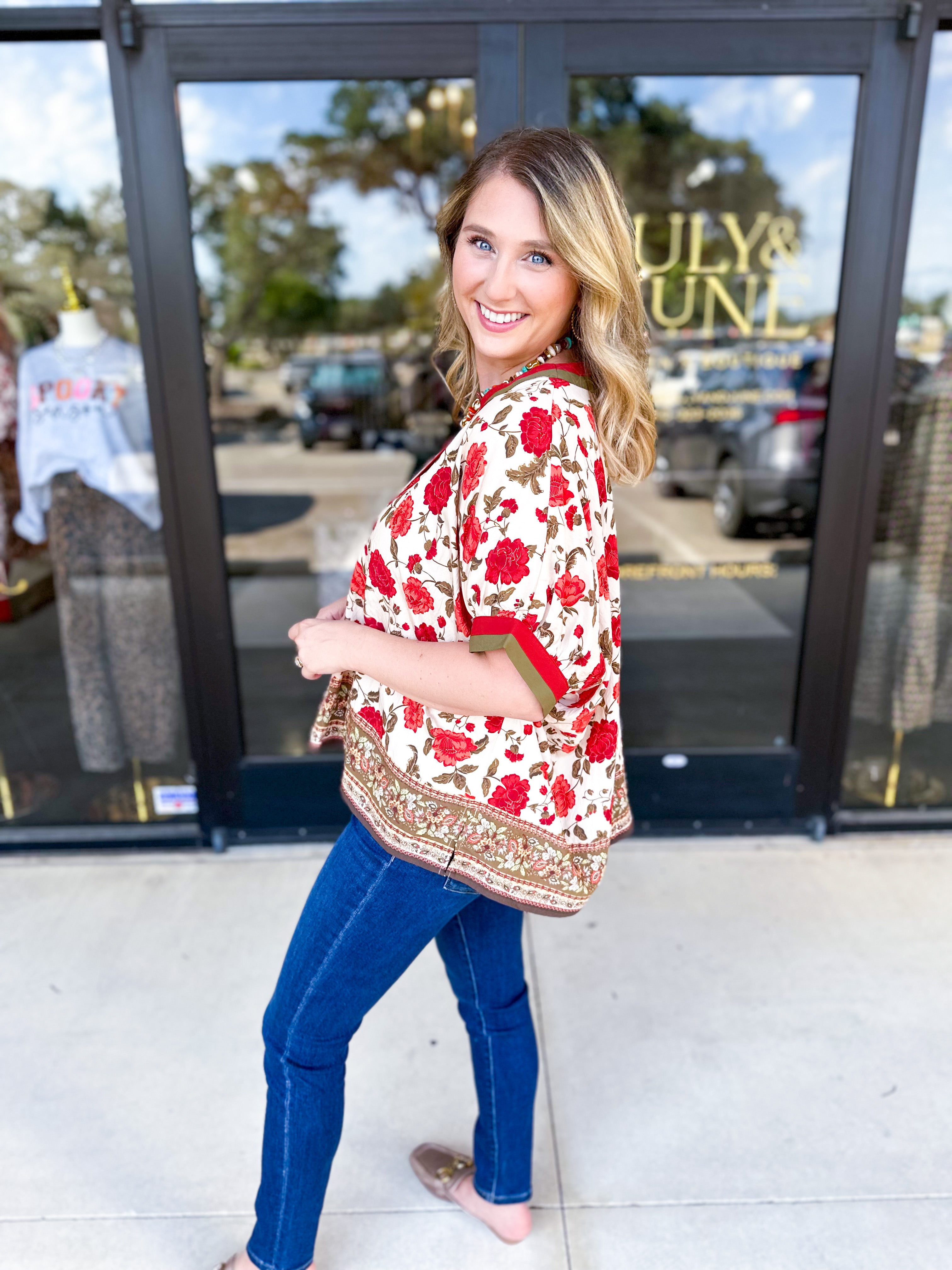 Fall Garden Blouse - Ecru-200 Fashion Blouses-ENTRO-July & June Women's Fashion Boutique Located in San Antonio, Texas