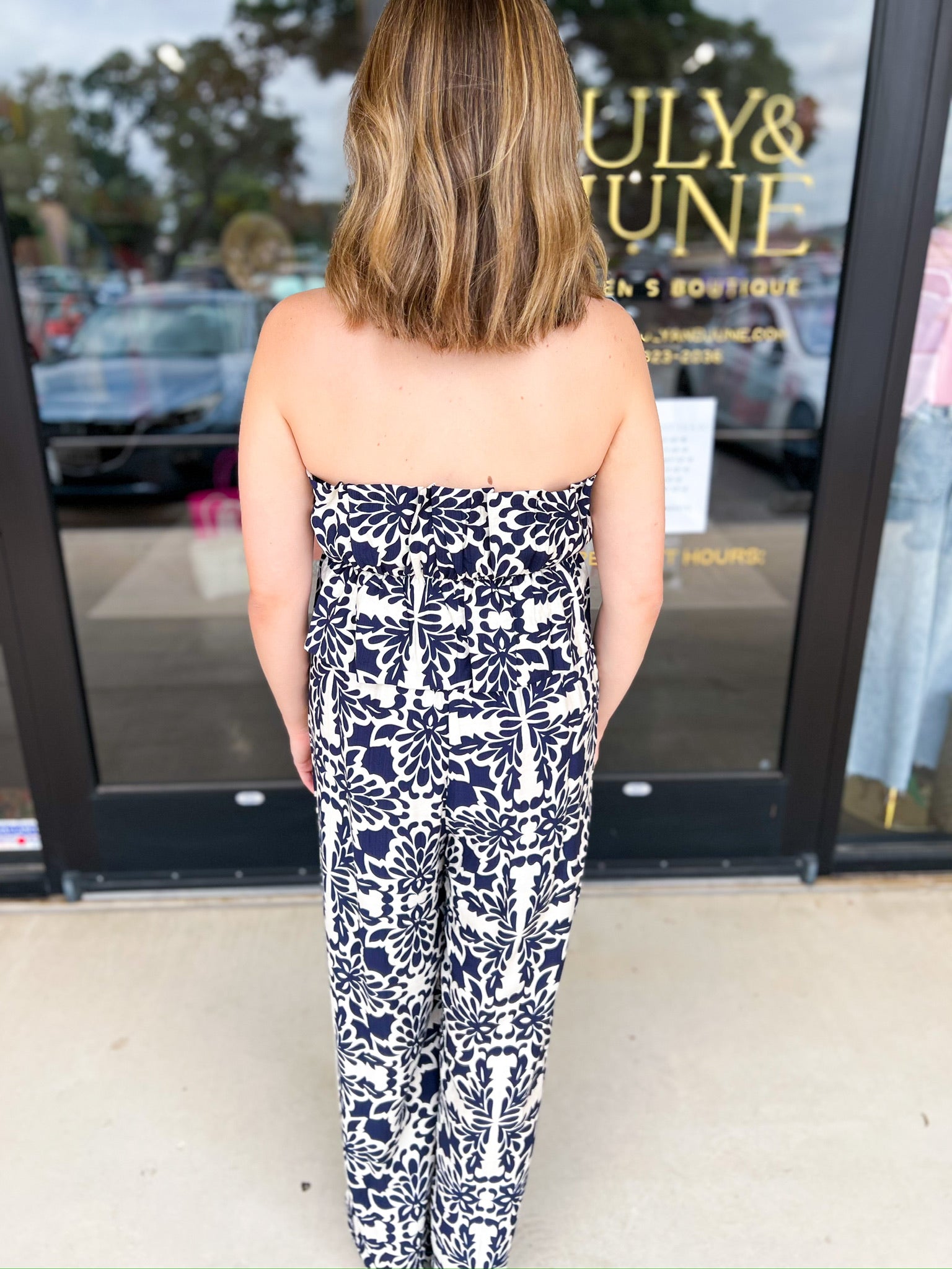 Navy Jumpsuit-500 Midi-SKIES ARE BLUE-July & June Women's Fashion Boutique Located in San Antonio, Texas