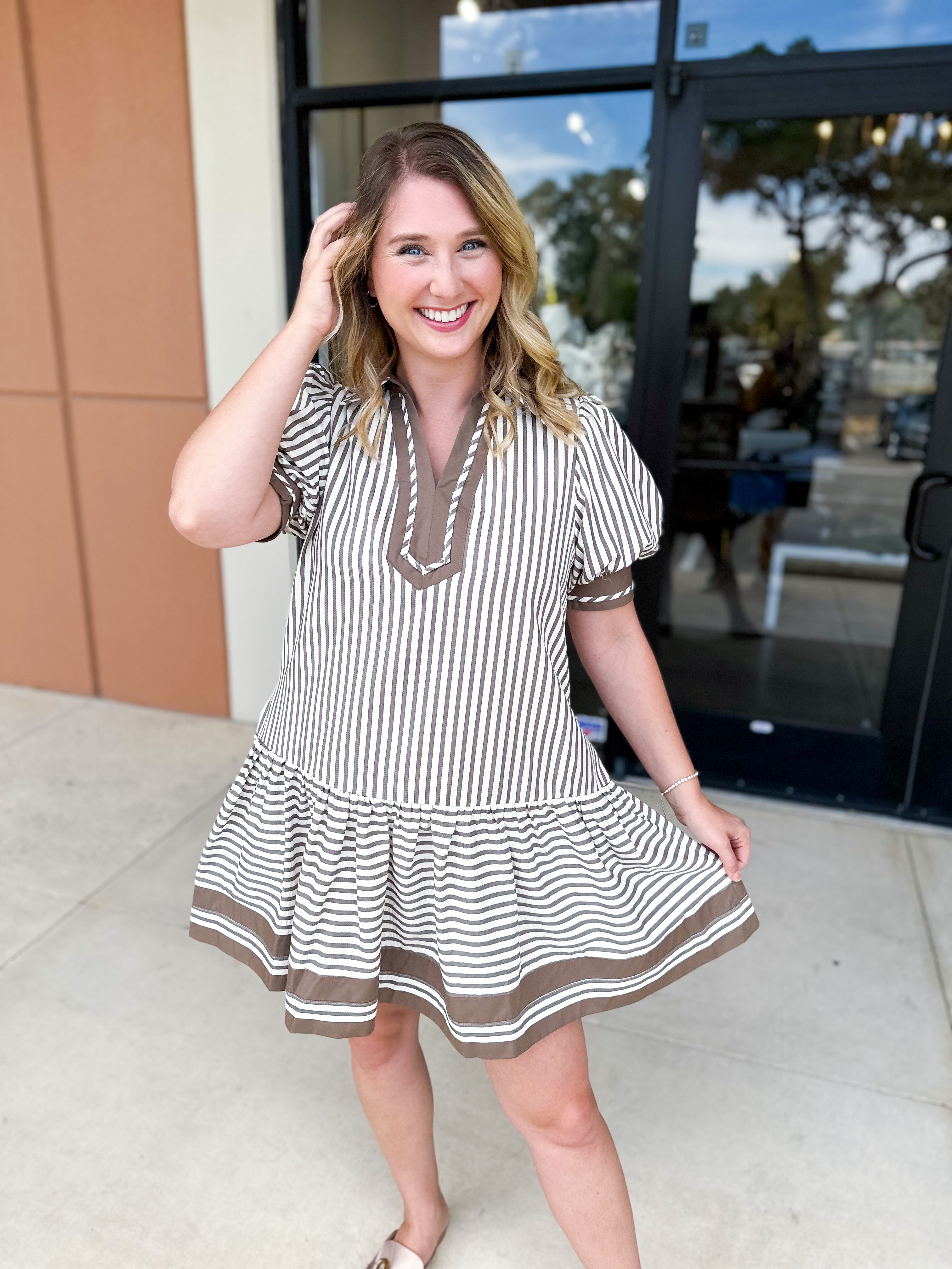 Mocha Stripe Mini Dress-510 Mini-ENTRO-July & June Women's Fashion Boutique Located in San Antonio, Texas