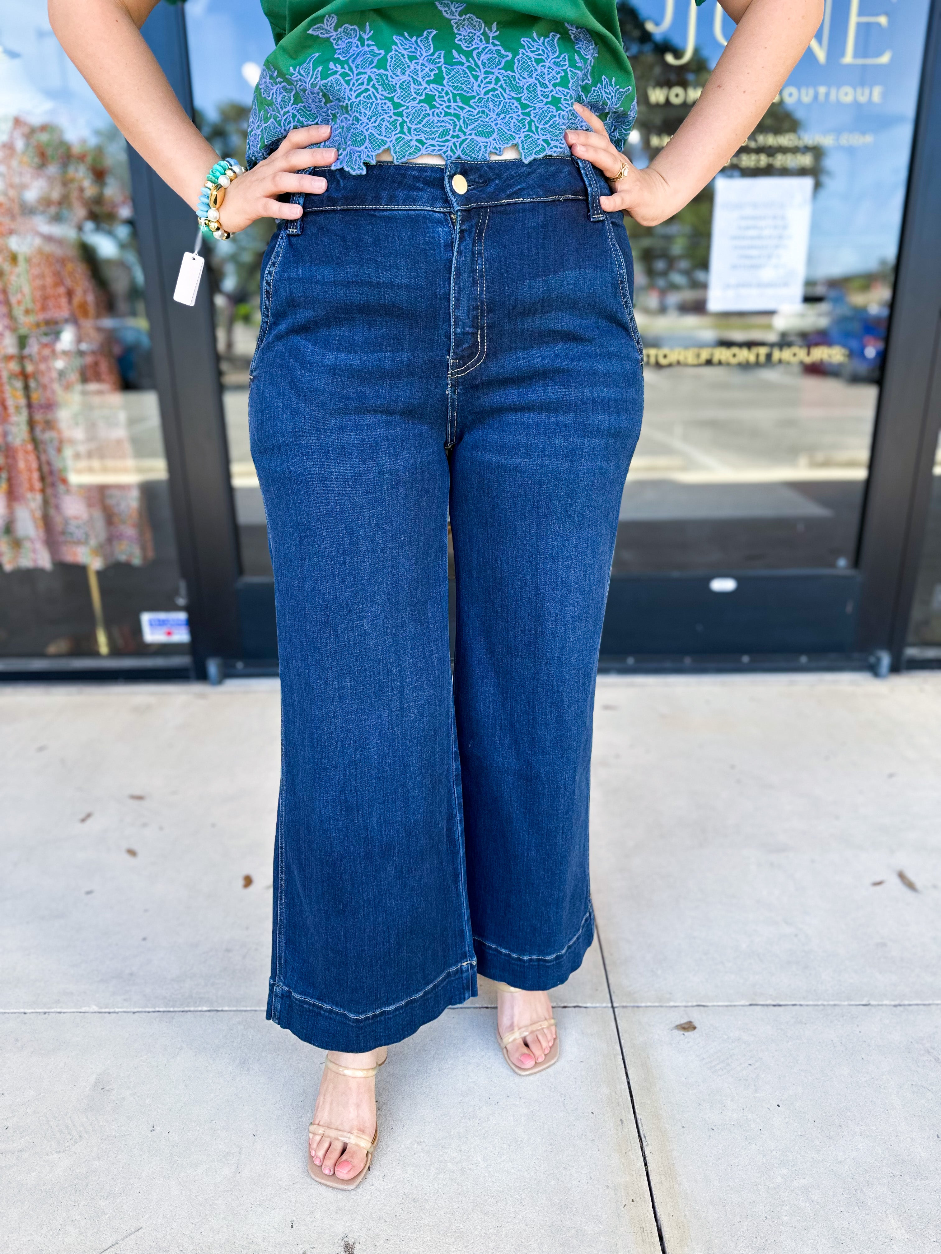 Vervet - Dark High Rise Trouser Wide Leg Jeans-400 Pants-VEVERT BY FLYING MONKEY-July & June Women's Fashion Boutique Located in San Antonio, Texas