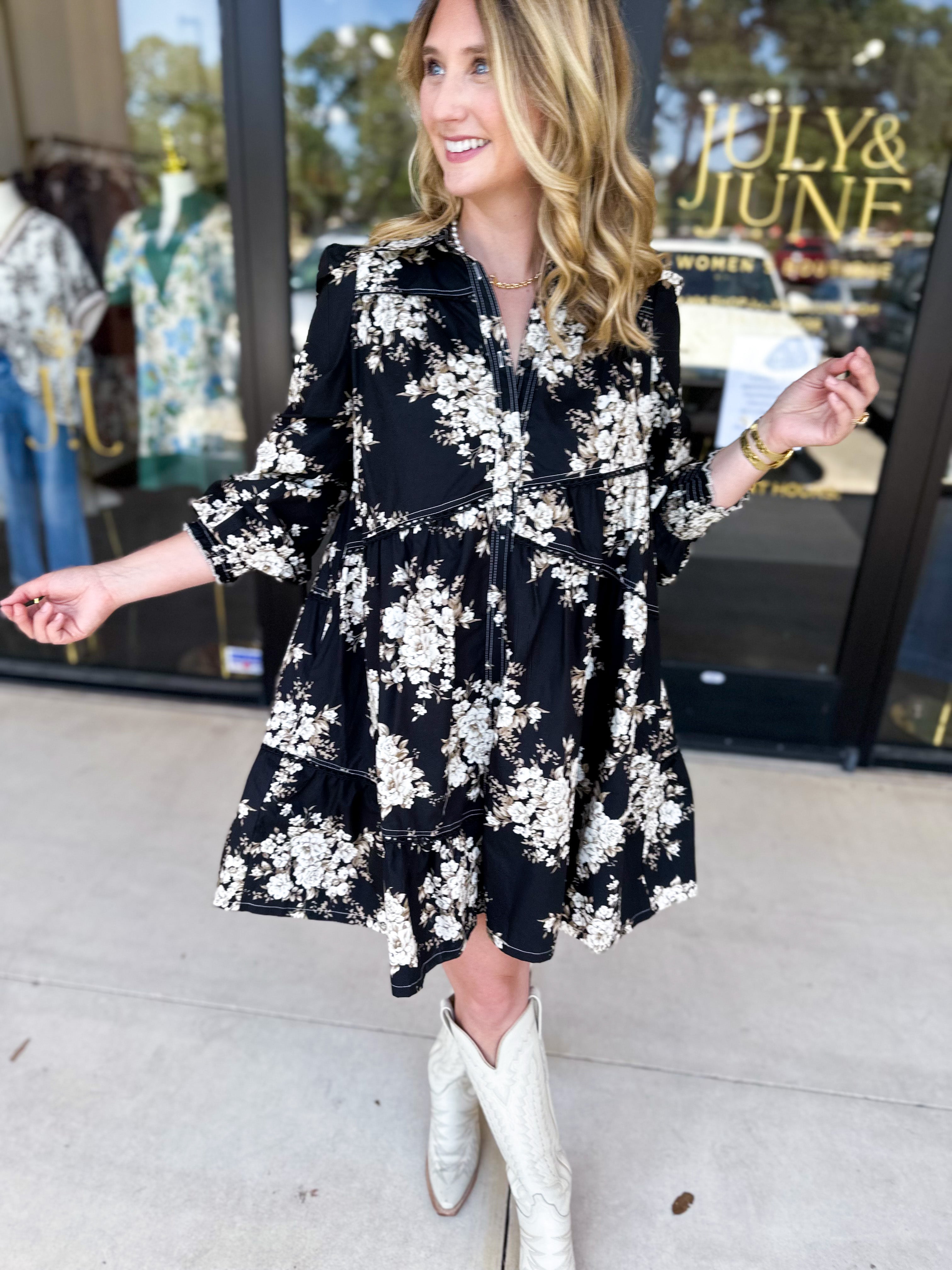 Black & Taupe Vintage Floral Mini Dress-510 Mini-LISTICLE-July & June Women's Fashion Boutique Located in San Antonio, Texas