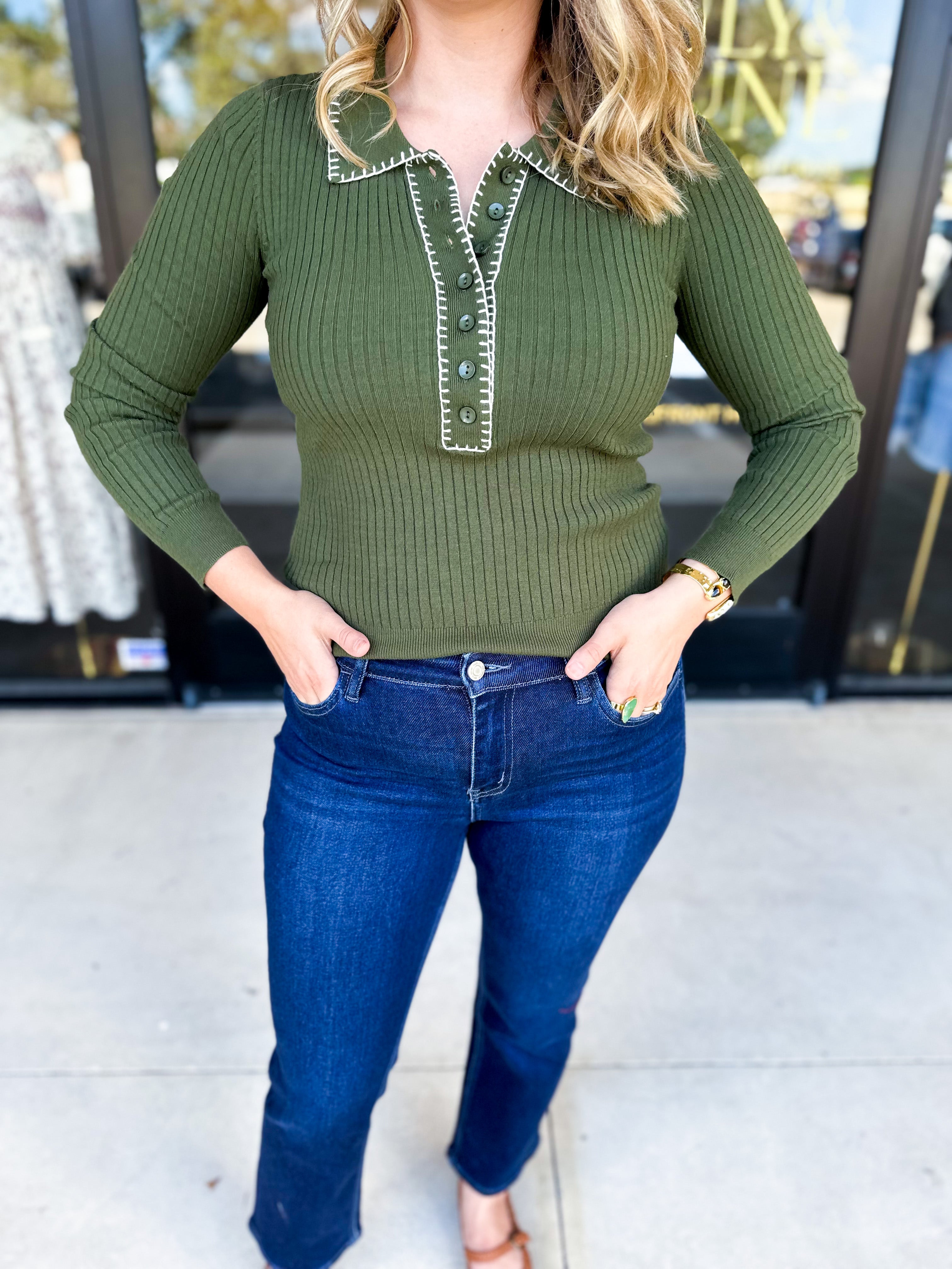 Tailored Knit Long Sleeve - Olive-230 Sweaters/Cardis-LISTICLE-July & June Women's Fashion Boutique Located in San Antonio, Texas