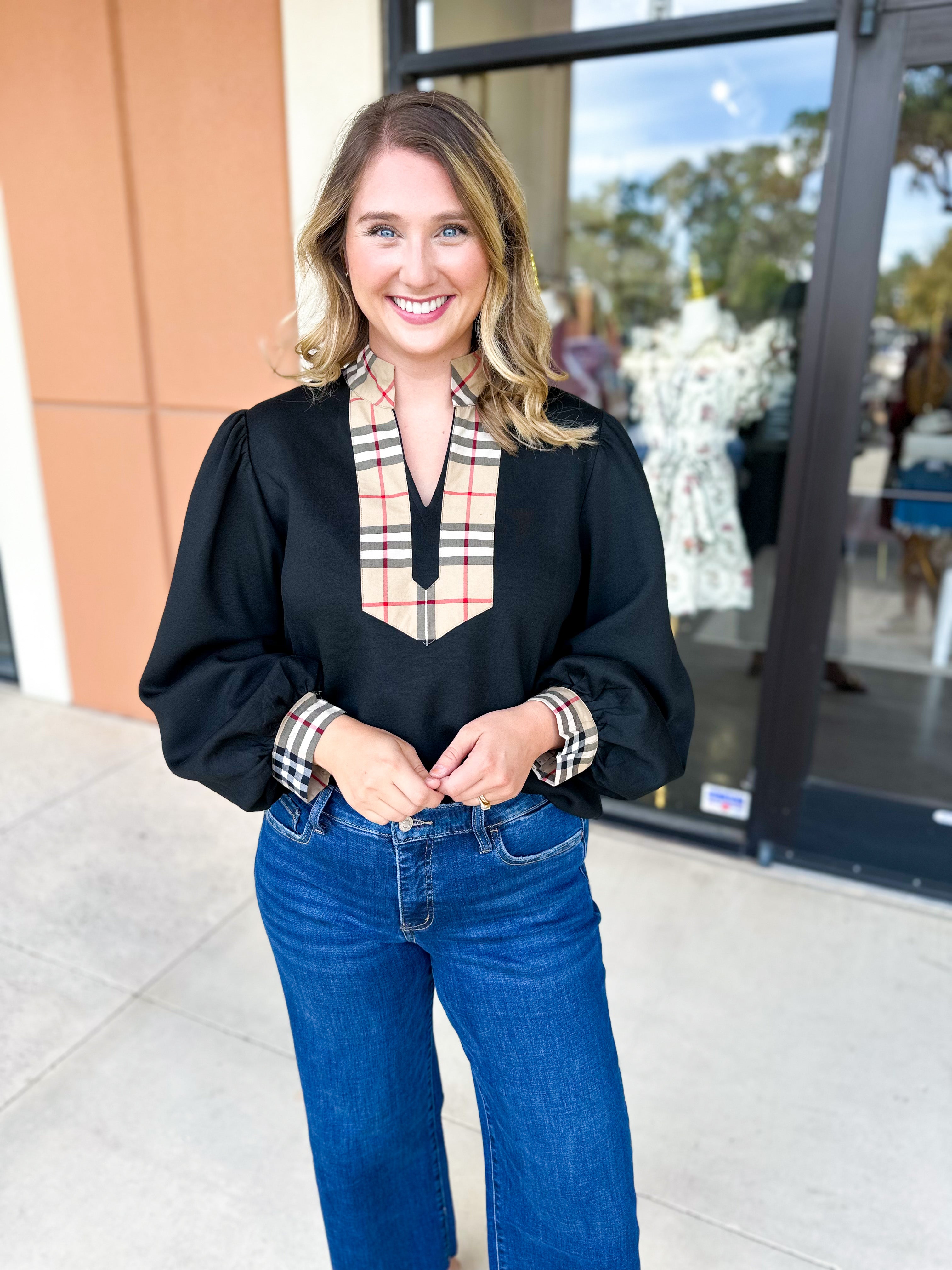 Tan & Black Tartan Blouse-200 Fashion Blouses-JODIFL-July & June Women's Fashion Boutique Located in San Antonio, Texas