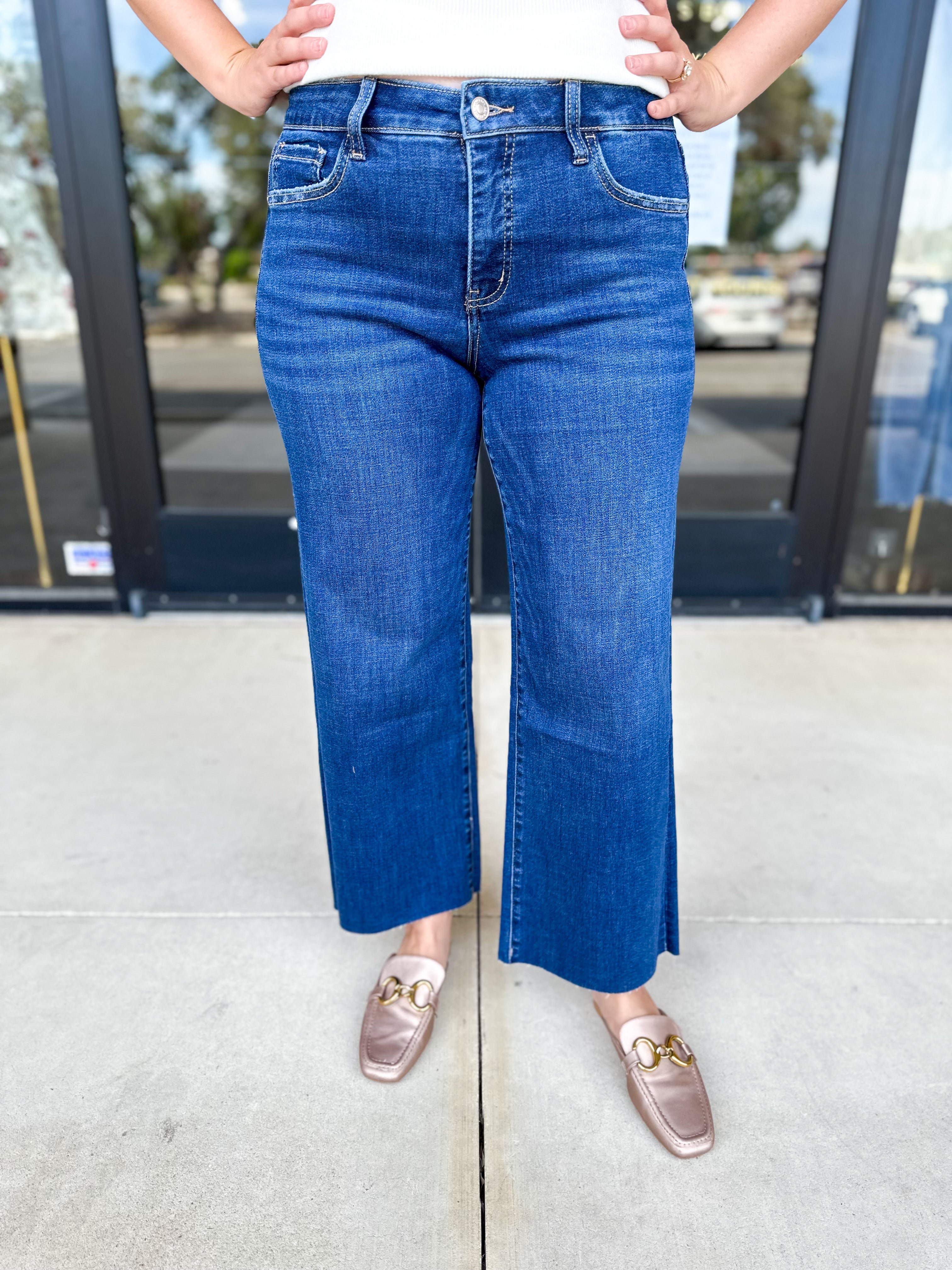 Vervet - Dark Mid Rise Wide Leg Tummy Control Jeans-400 Pants-VEVERT BY FLYING MONKEY-July & June Women's Fashion Boutique Located in San Antonio, Texas