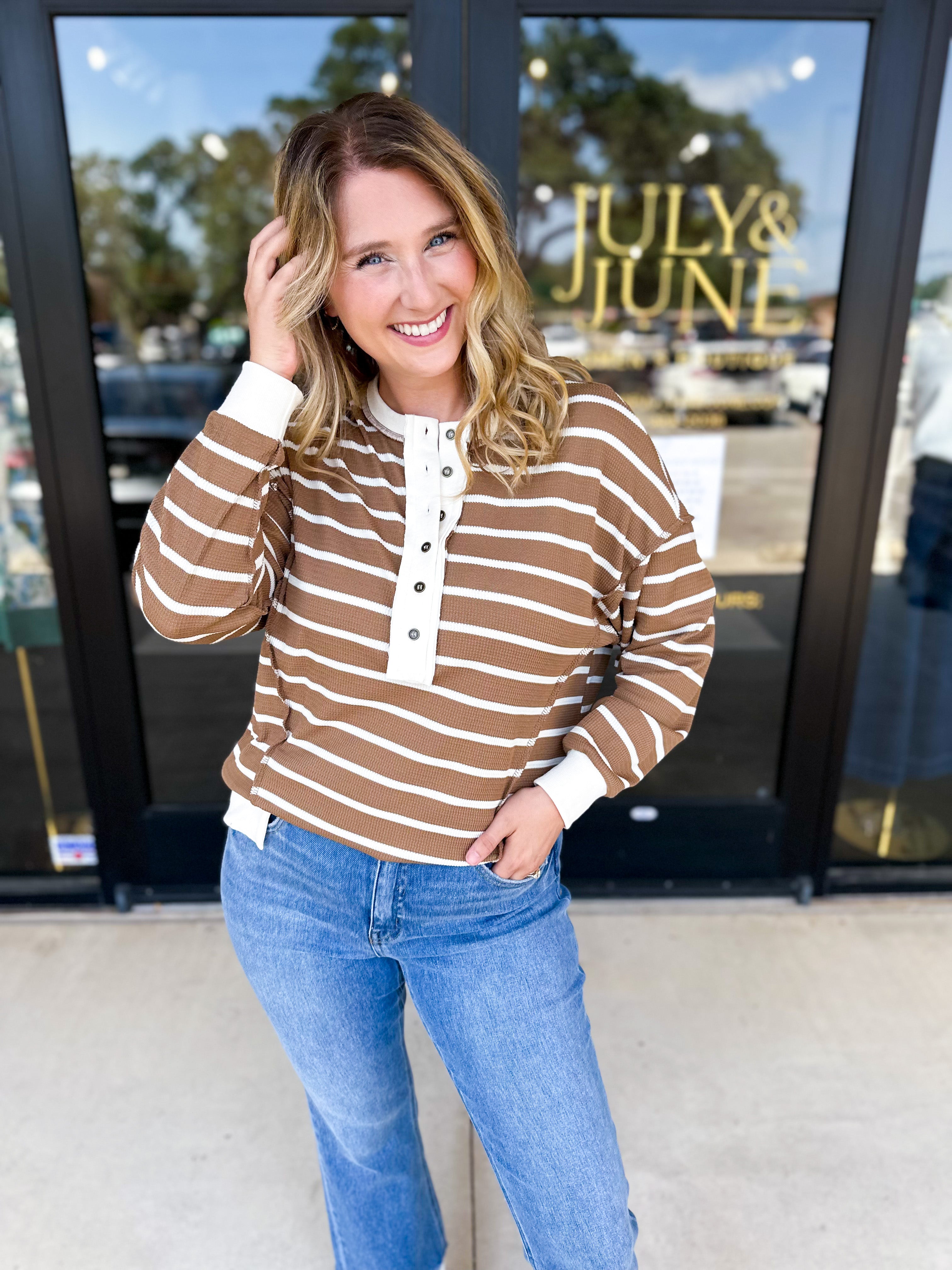 Comfy Henley Long Sleeve Top - Mocha & Ivory-210 Casual Blouses-POLOGRAM-July & June Women's Fashion Boutique Located in San Antonio, Texas