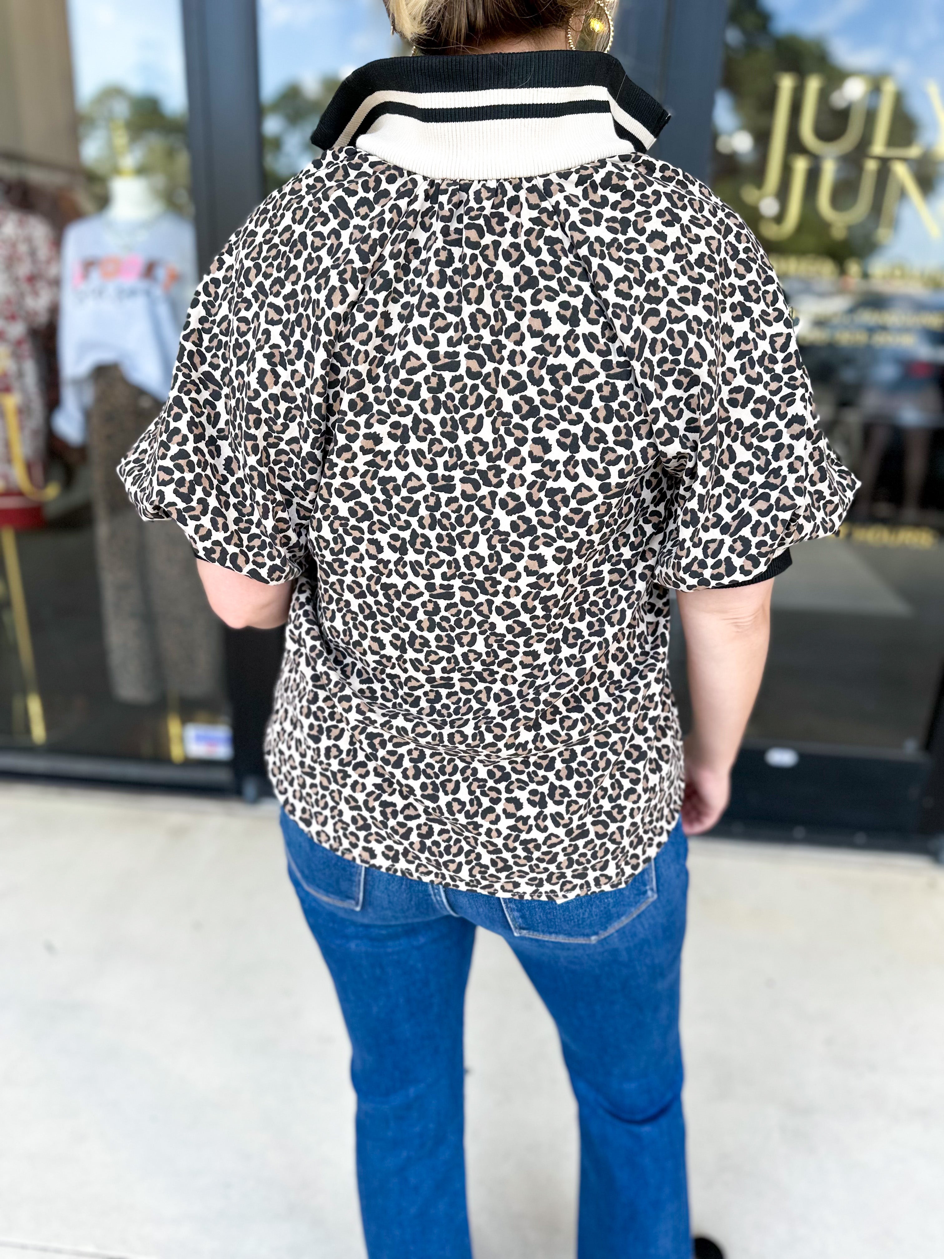 Zip Up Cheetah Top-200 Fashion Blouses-ENTRO-July & June Women's Fashion Boutique Located in San Antonio, Texas