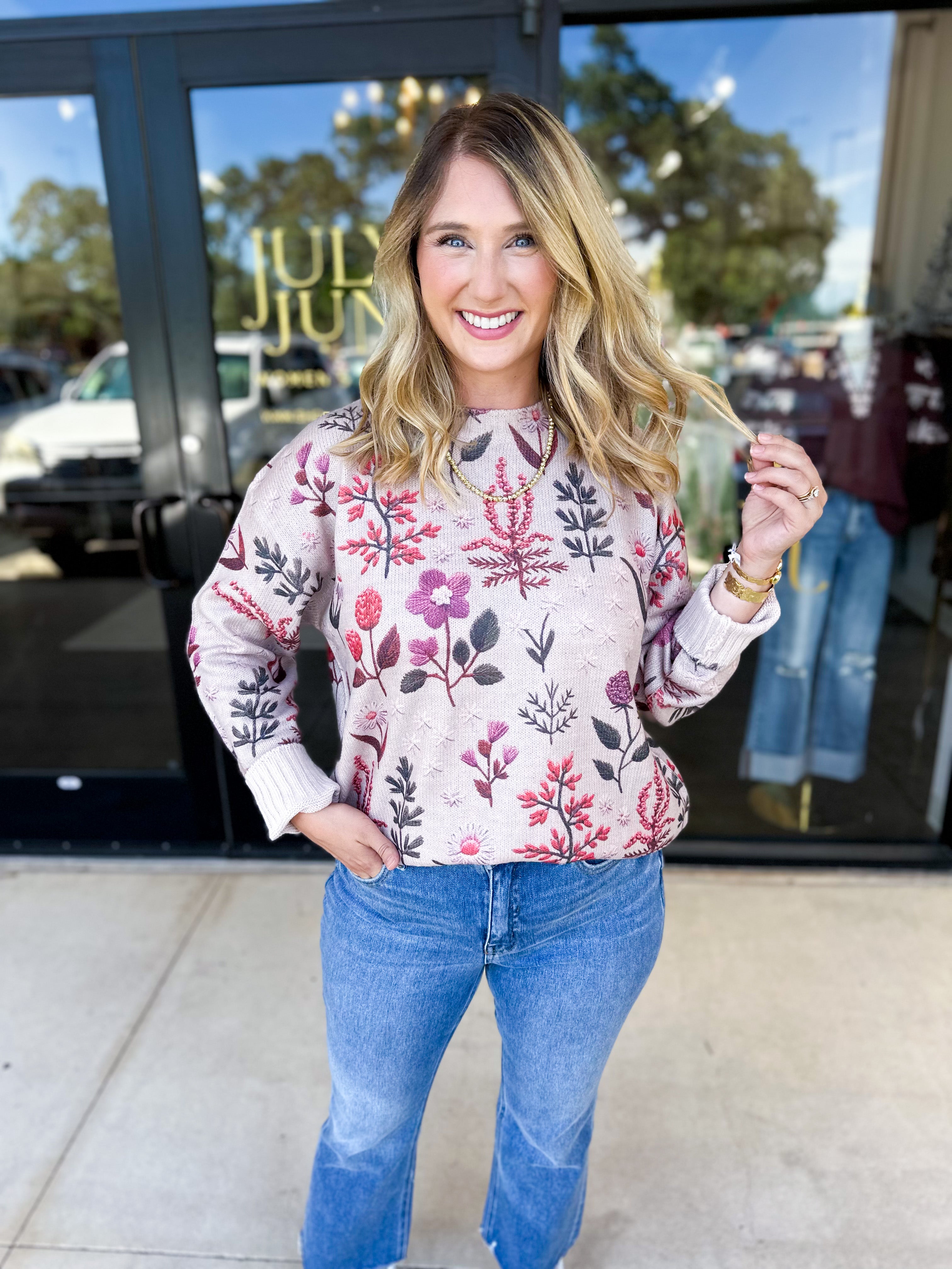 Whimsical Floral Knit Sweater-230 Sweaters/Cardis-ENTRO-July & June Women's Fashion Boutique Located in San Antonio, Texas