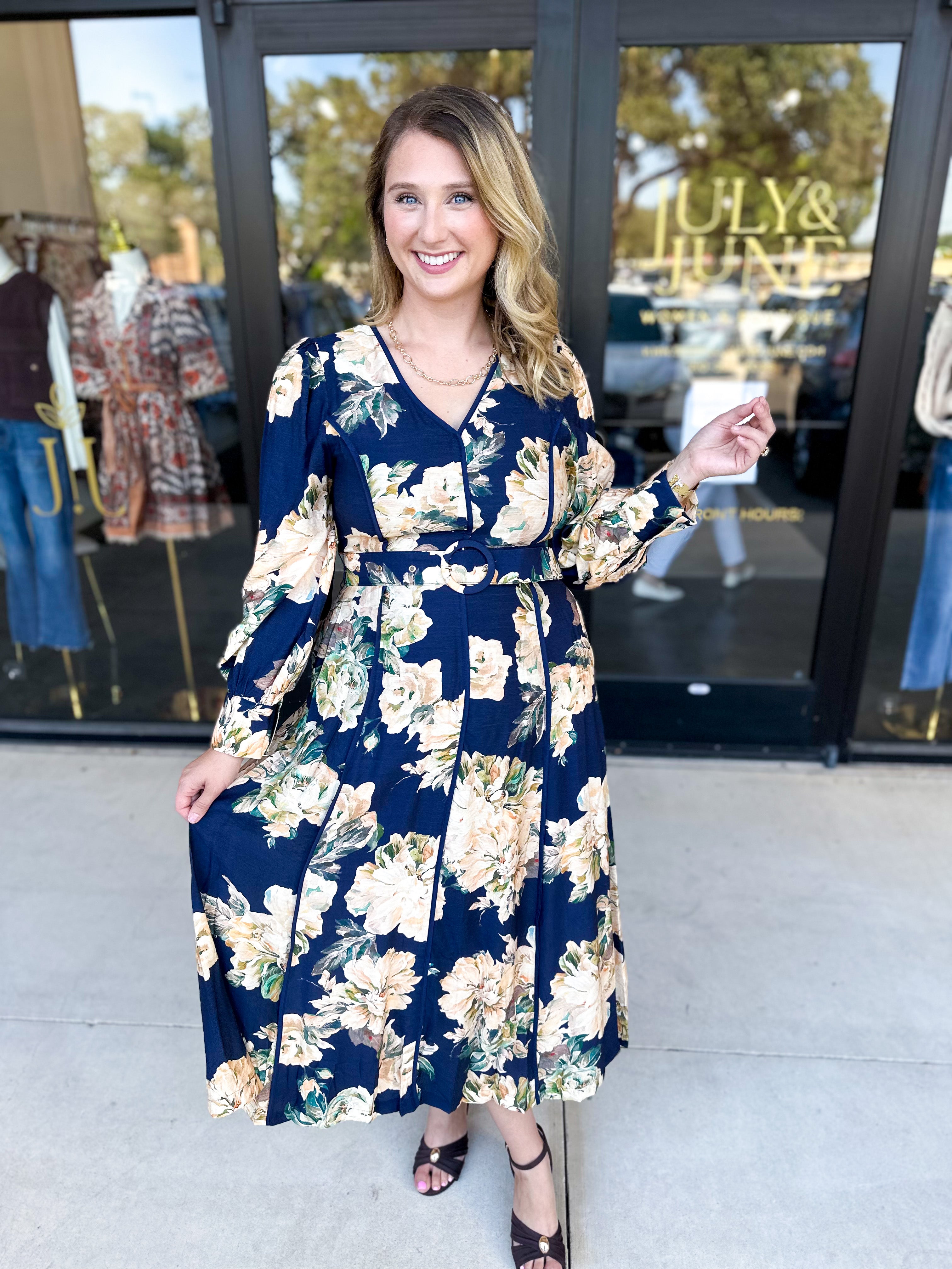 Fall Meadows Midi Dress - Midnight Blue-500 Midi-ENTRO-July & June Women's Fashion Boutique Located in San Antonio, Texas