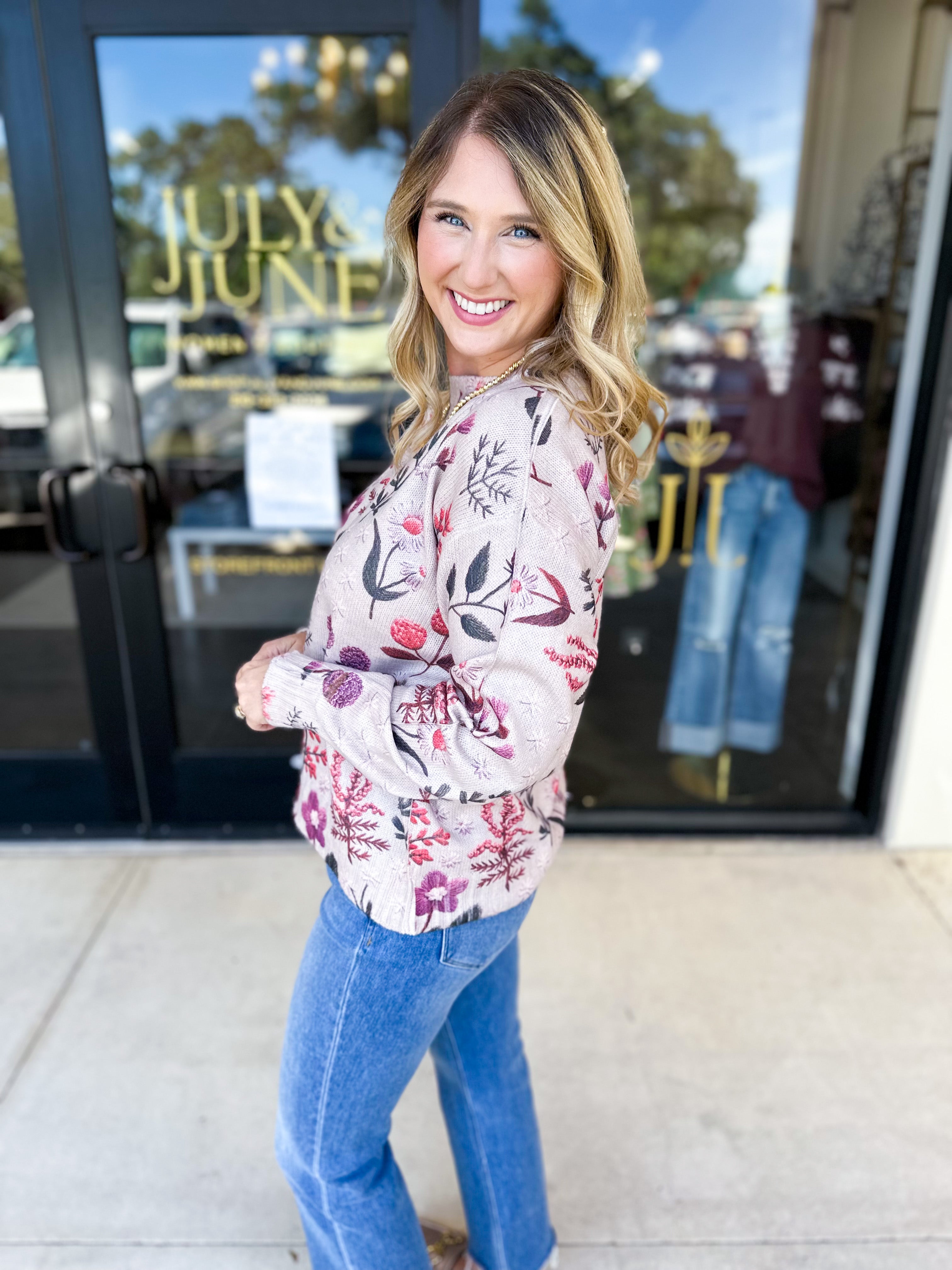 Whimsical Floral Knit Sweater-230 Sweaters/Cardis-ENTRO-July & June Women's Fashion Boutique Located in San Antonio, Texas
