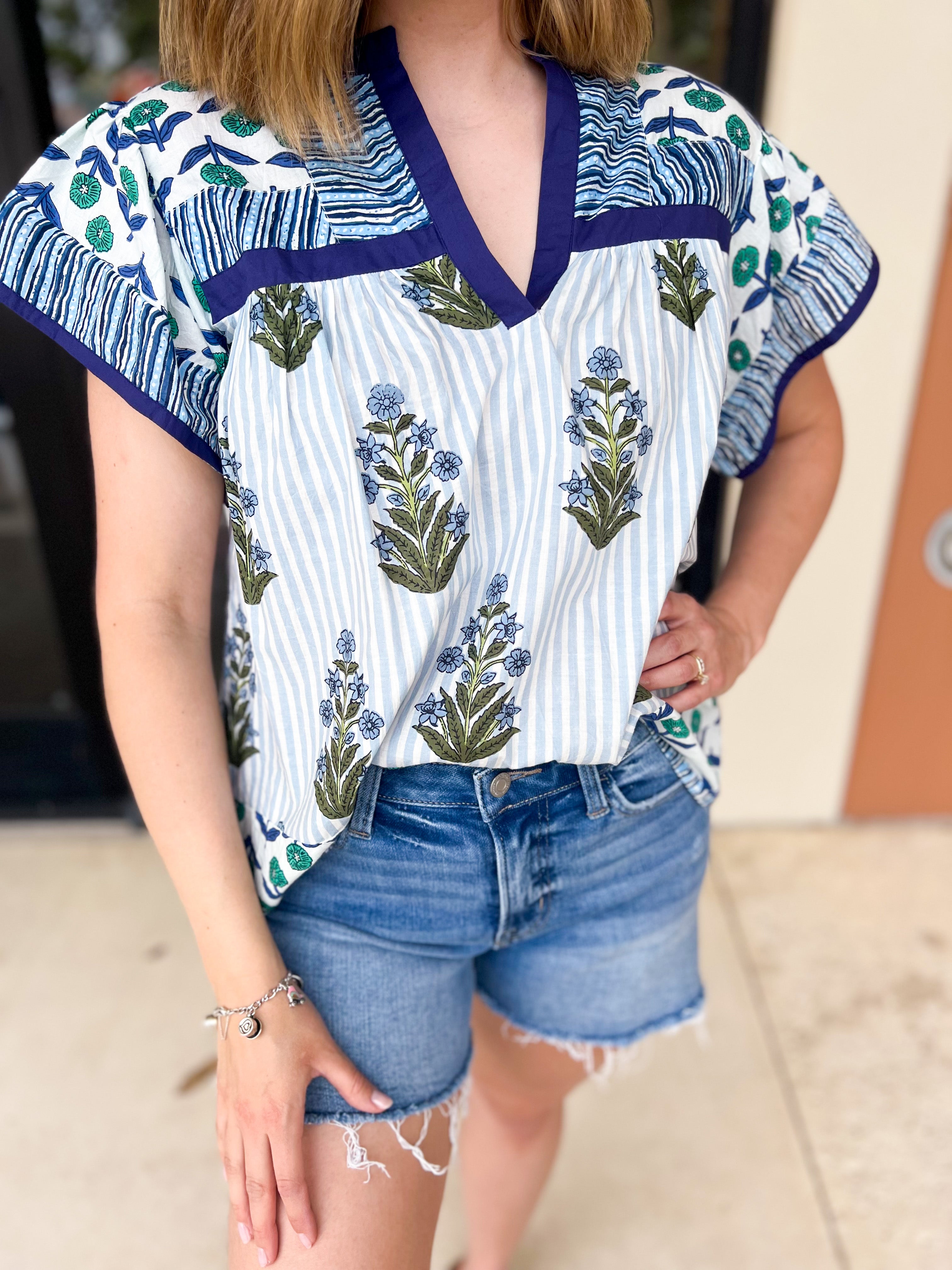 THML - Blue Floral Block Print Blouse-200 Fashion Blouses-THML-July & June Women's Fashion Boutique Located in San Antonio, Texas