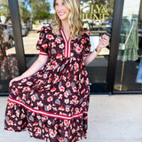 Chocolate Brown Floral Midi Dress-500 Midi-ENTRO-July & June Women's Fashion Boutique Located in San Antonio, Texas