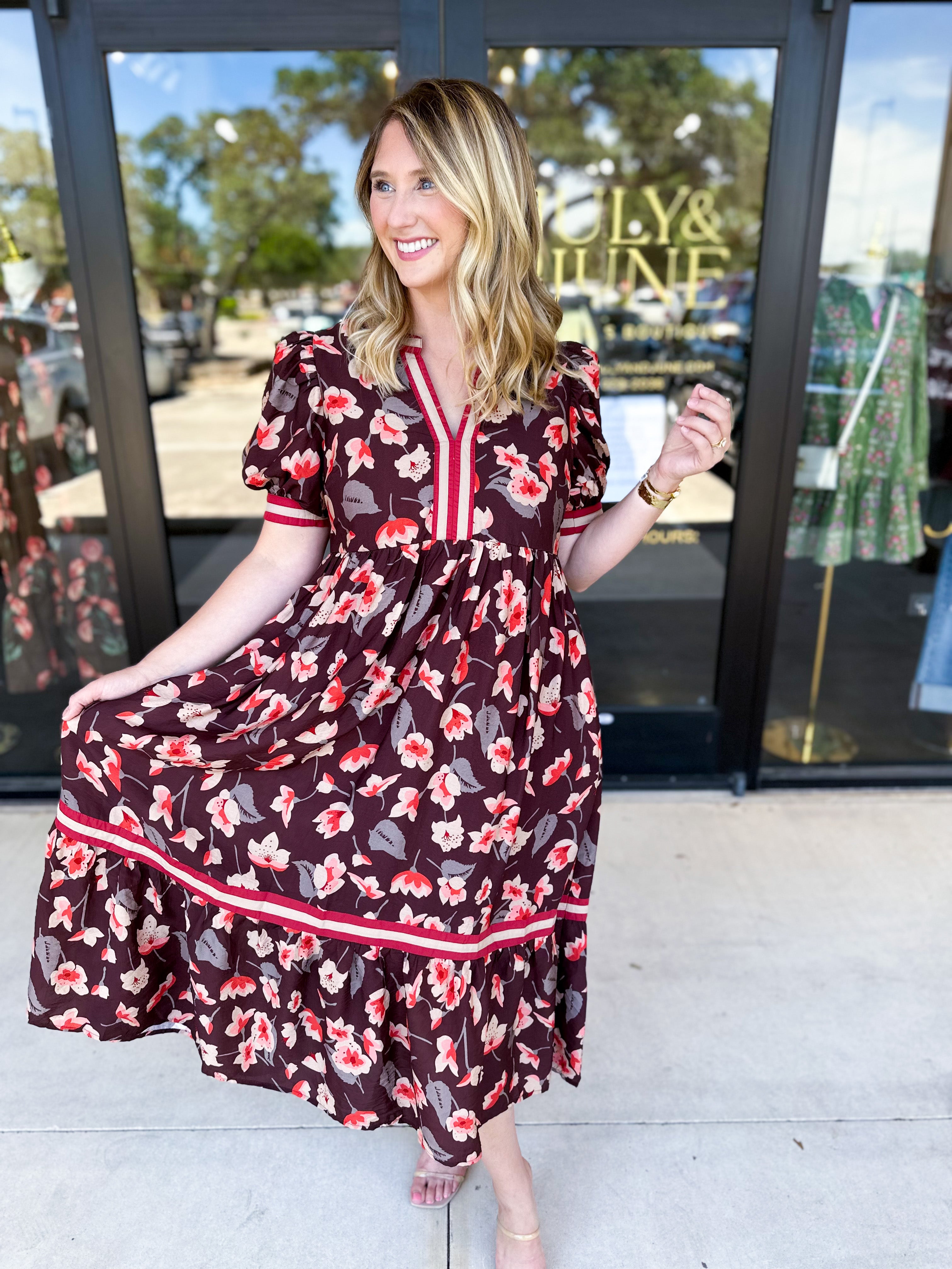 Chocolate Brown Floral Midi Dress-500 Midi-ENTRO-July & June Women's Fashion Boutique Located in San Antonio, Texas