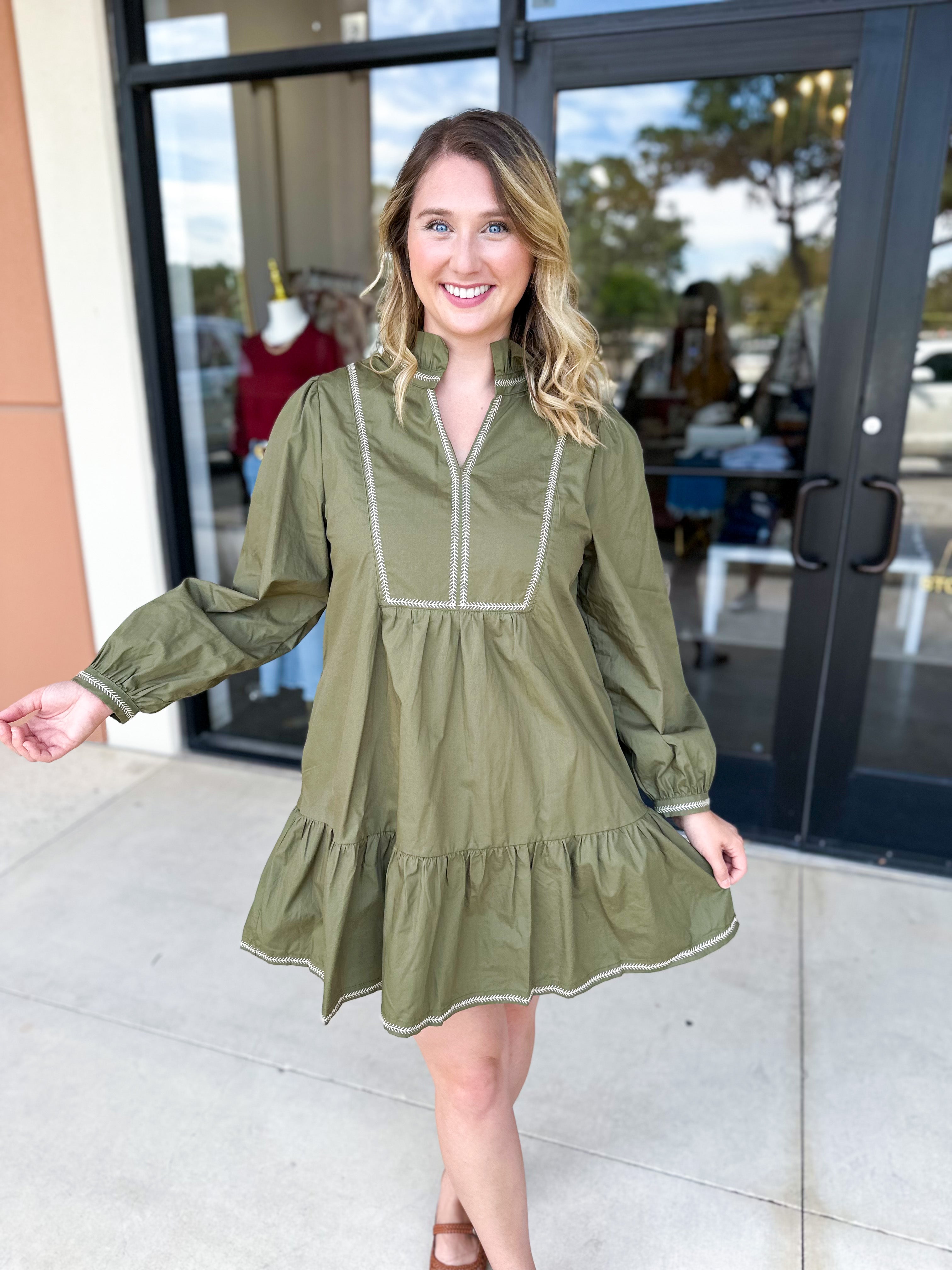 Olive Stitch Mini Dress-510 Mini-JODIFL-July & June Women's Fashion Boutique Located in San Antonio, Texas