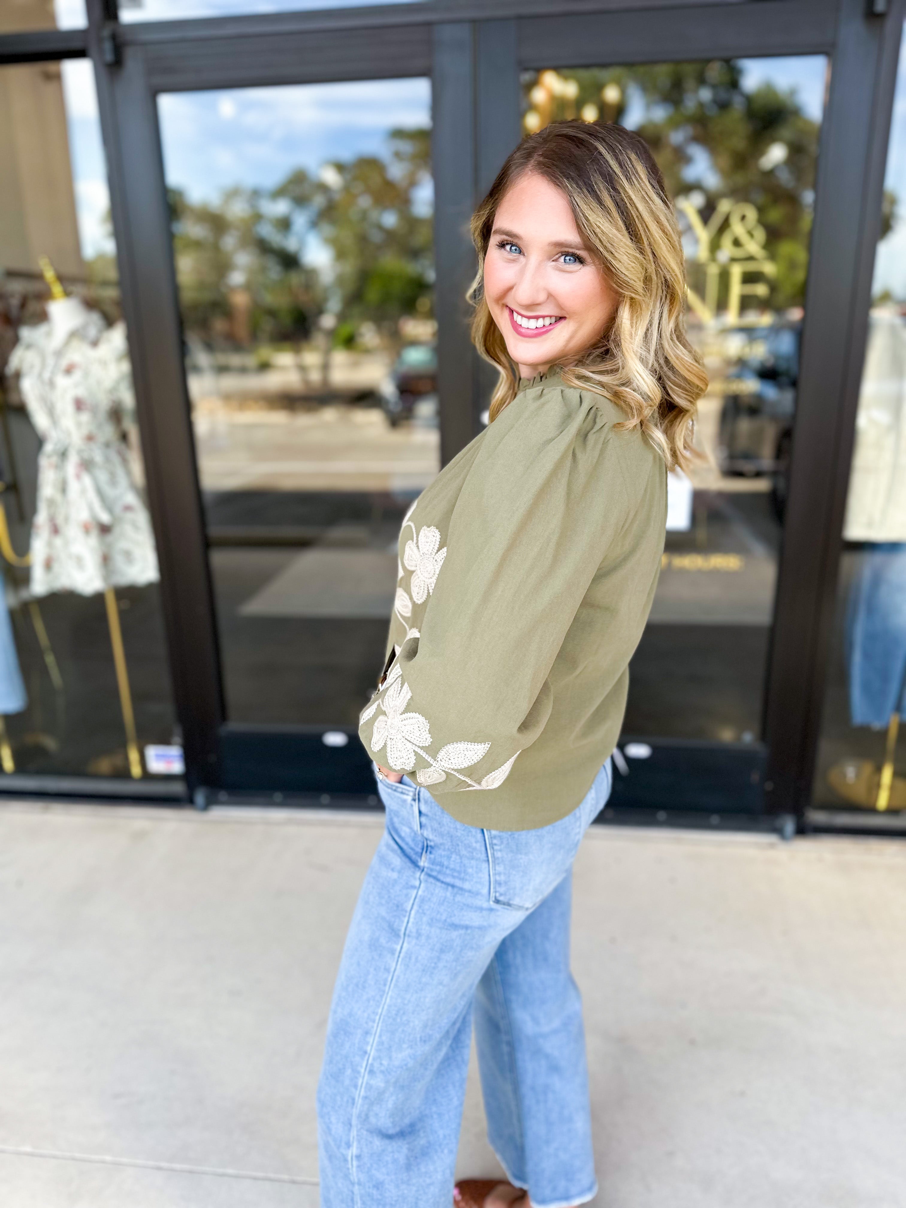 Mallory Embroidered Blouse - Light Olive-200 Fashion Blouses-ABLE-July & June Women's Fashion Boutique Located in San Antonio, Texas