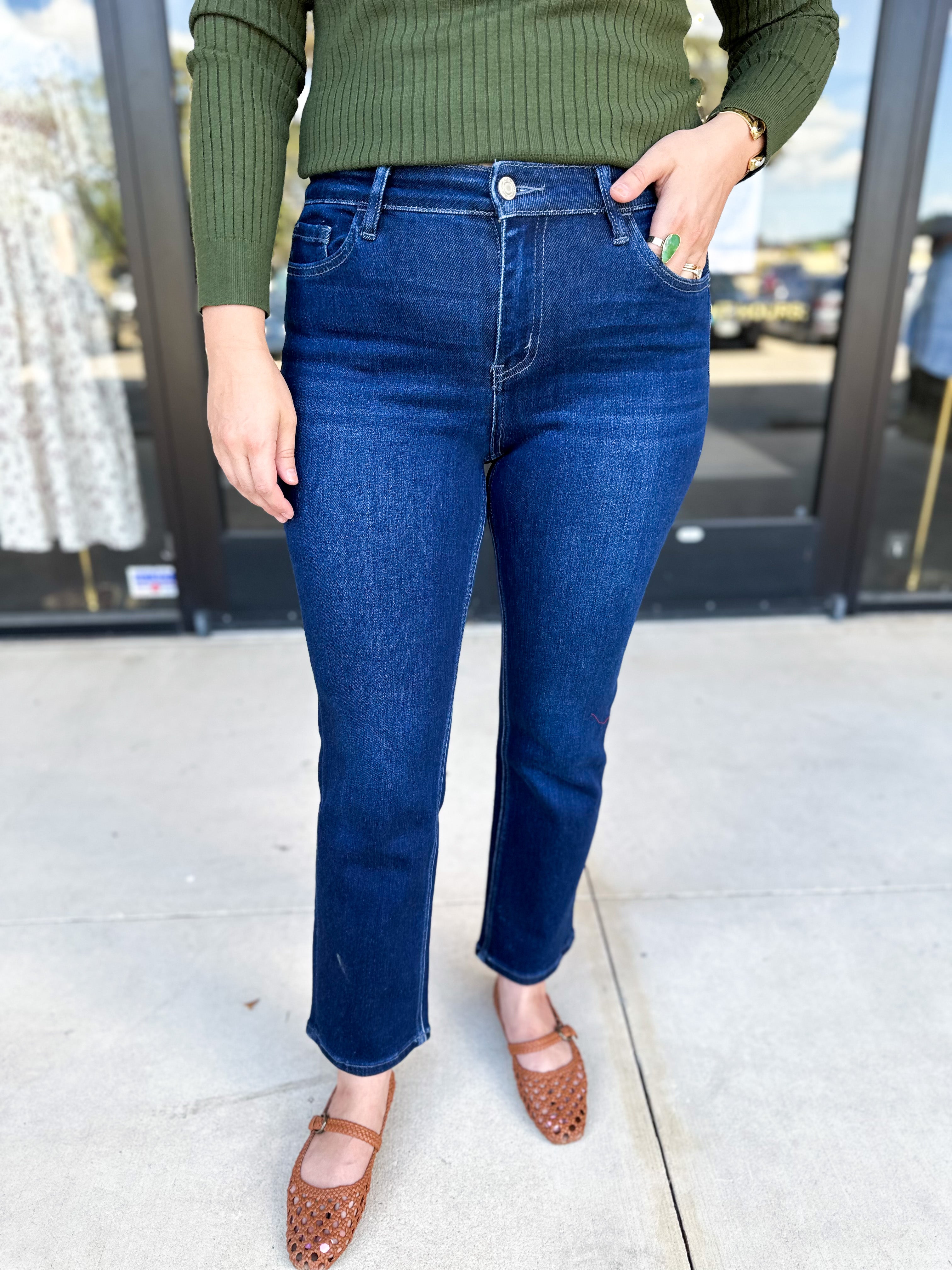 Vervet - Mid Rise Dark Wash Slim Straight Jeans-400 Pants-VEVERT BY FLYING MONKEY-July & June Women's Fashion Boutique Located in San Antonio, Texas