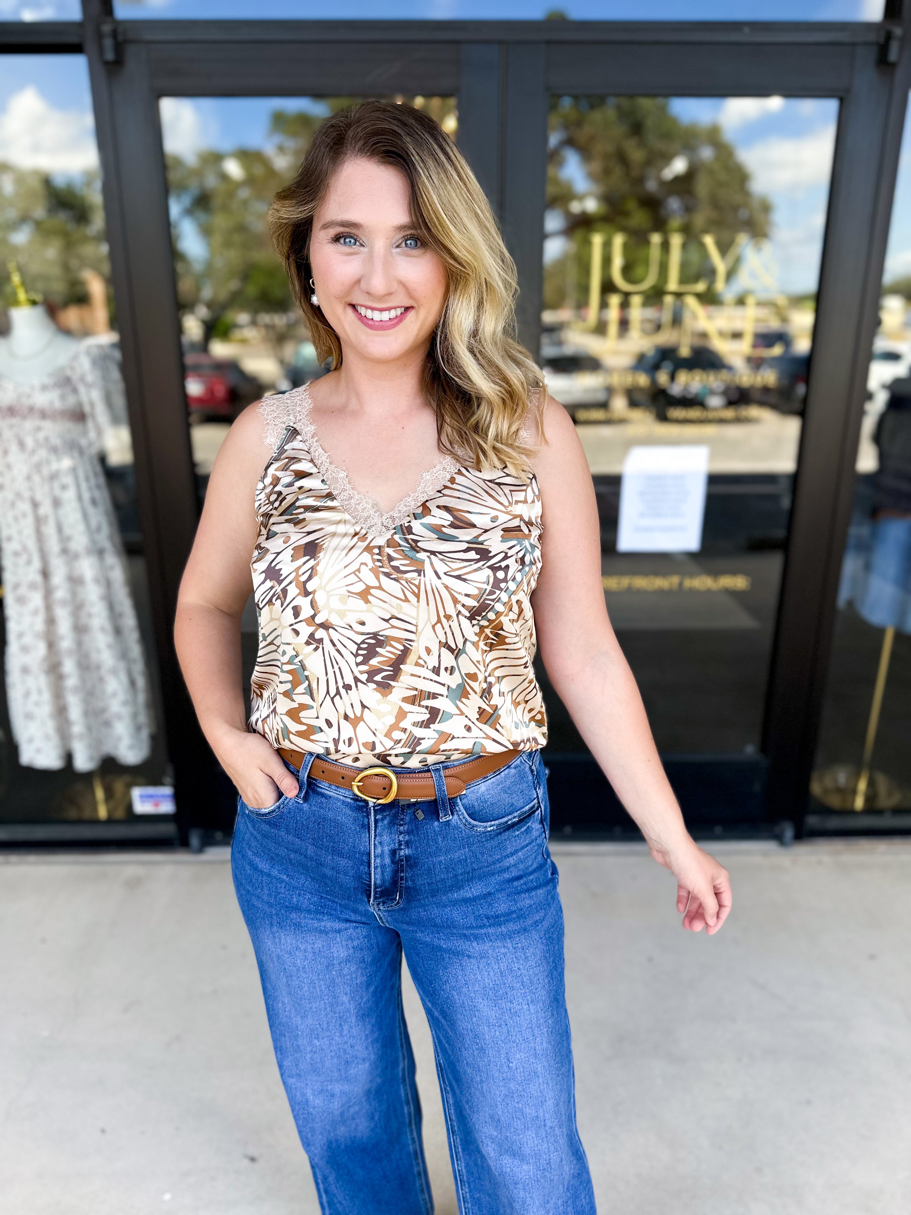 Autumn Abstract Lace Cami-200 Fashion Blouses-SKIES ARE BLUE-July & June Women's Fashion Boutique Located in San Antonio, Texas