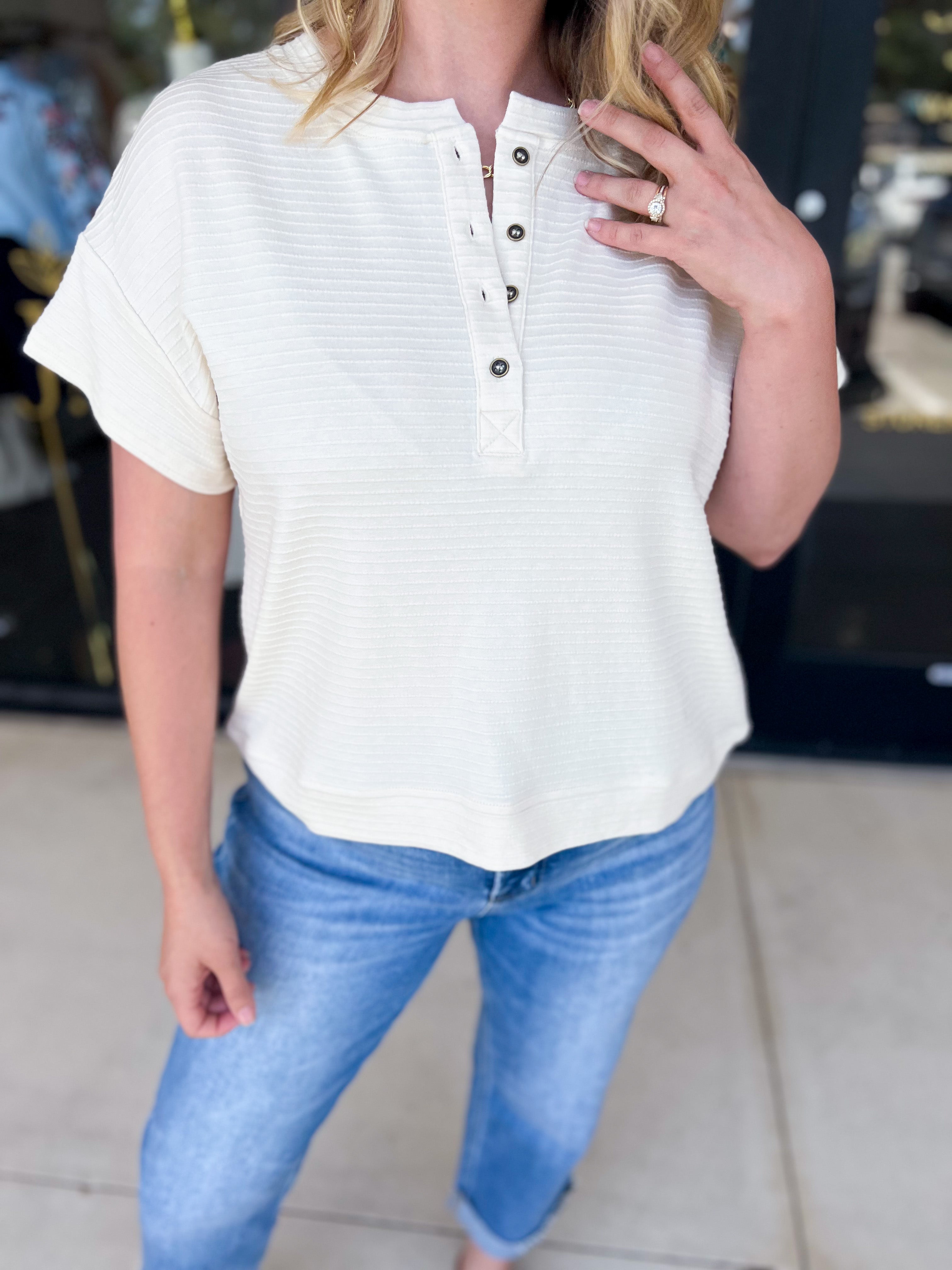 Casual Henley Tees - Ivory-210 Casual Blouses-POLOGRAM-July & June Women's Fashion Boutique Located in San Antonio, Texas