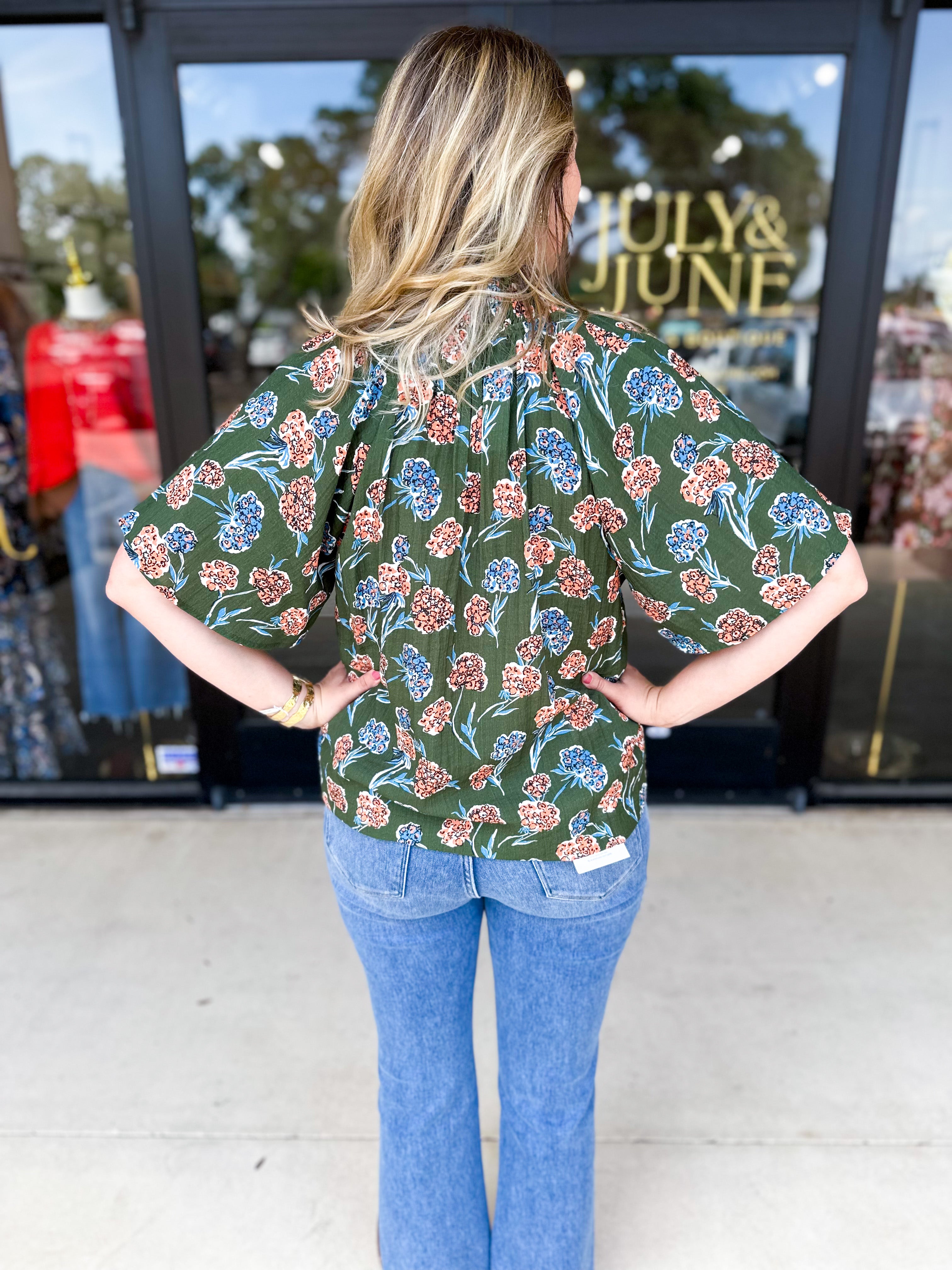 THML - Olive & Blush Floral Blouse-200 Fashion Blouses-THML-July & June Women's Fashion Boutique Located in San Antonio, Texas