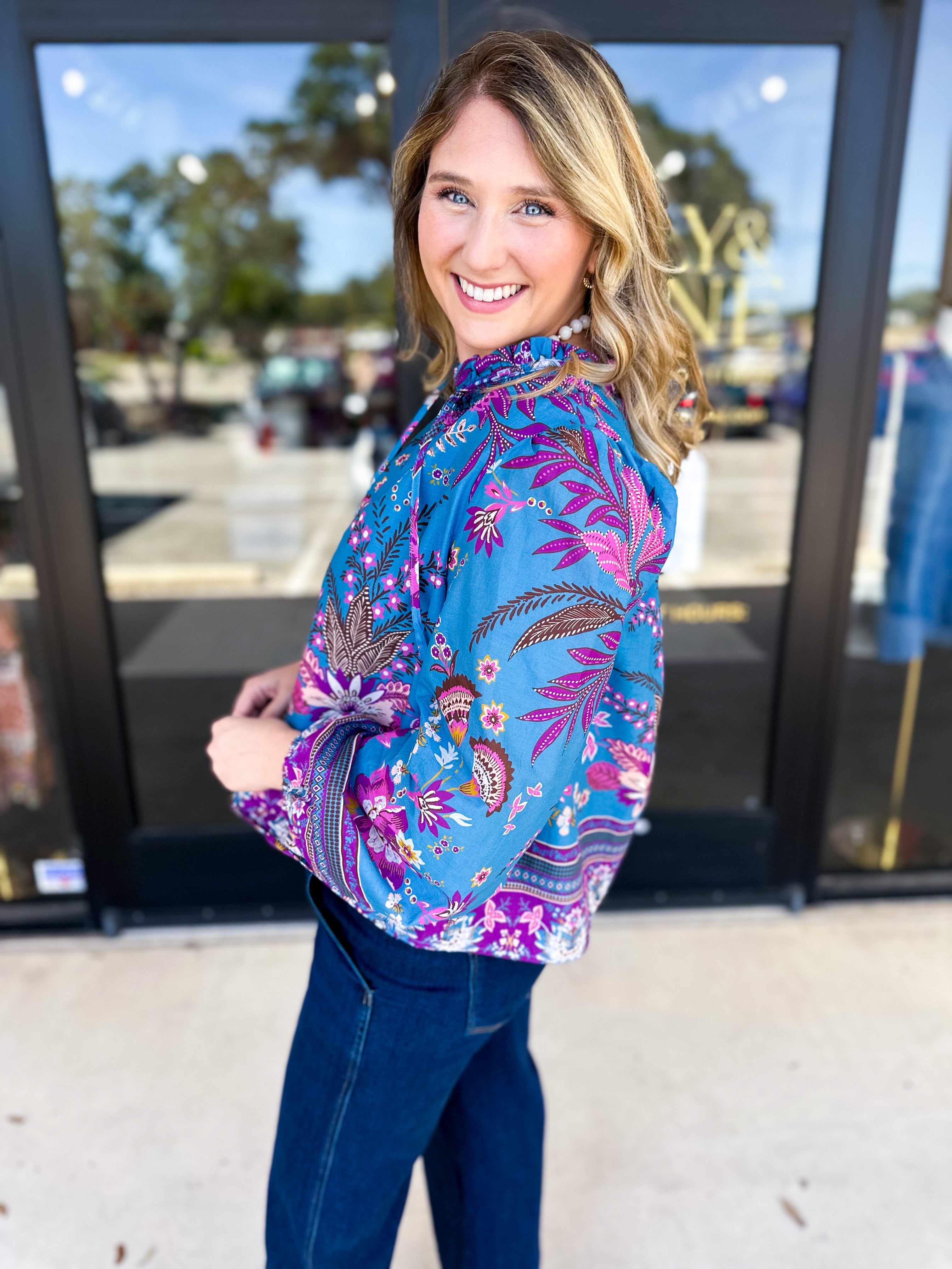 Teal & Lavender Blouse-200 Fashion Blouses-FATE-July & June Women's Fashion Boutique Located in San Antonio, Texas