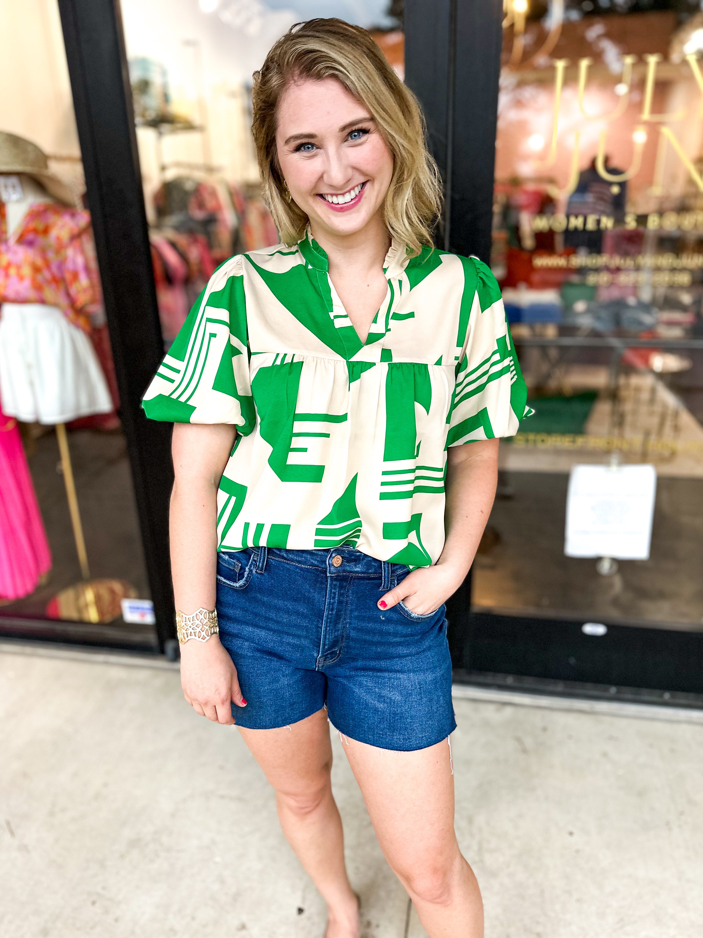 THML - Green & Cream Geo Abstract Blouse-200 Fashion Blouses-THML-July & June Women's Fashion Boutique Located in San Antonio, Texas