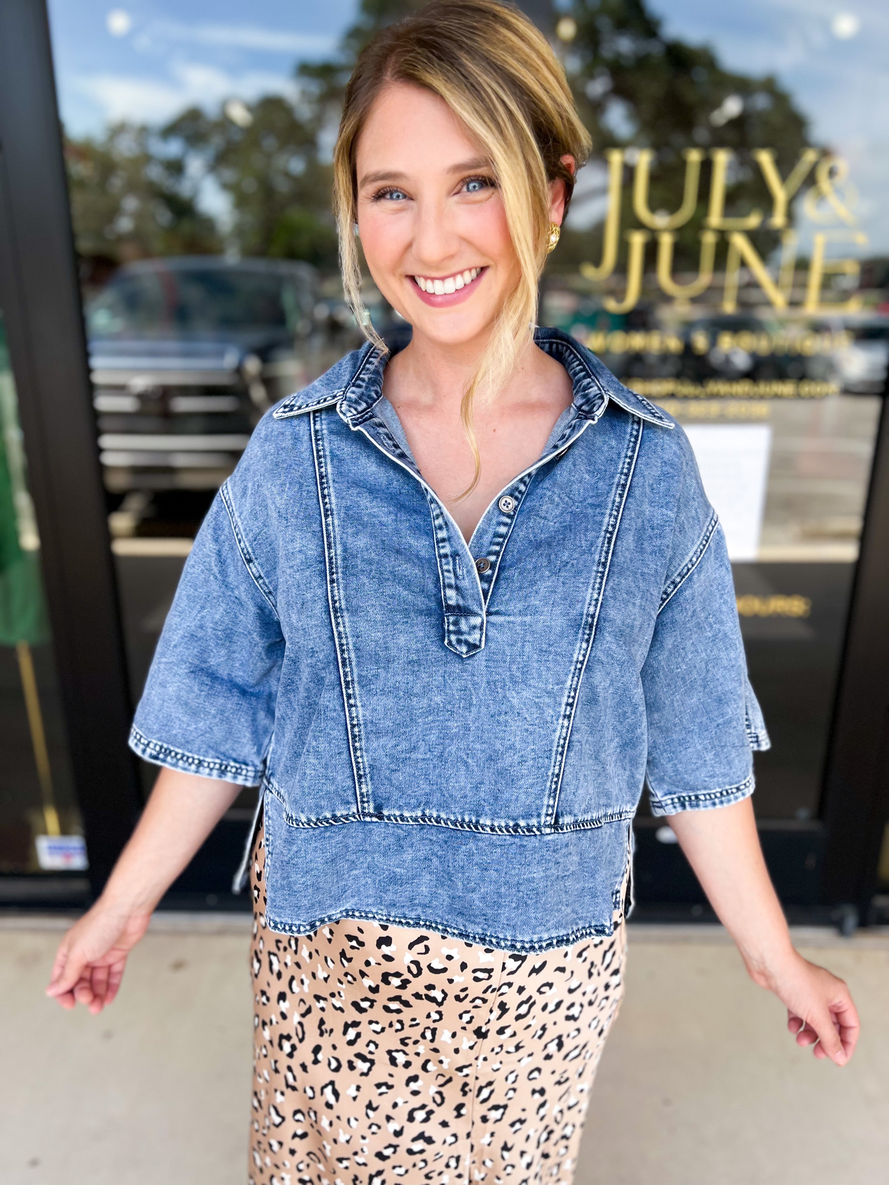 Denim Details Blouse-200 Fashion Blouses-LISTICLE-July & June Women's Fashion Boutique Located in San Antonio, Texas