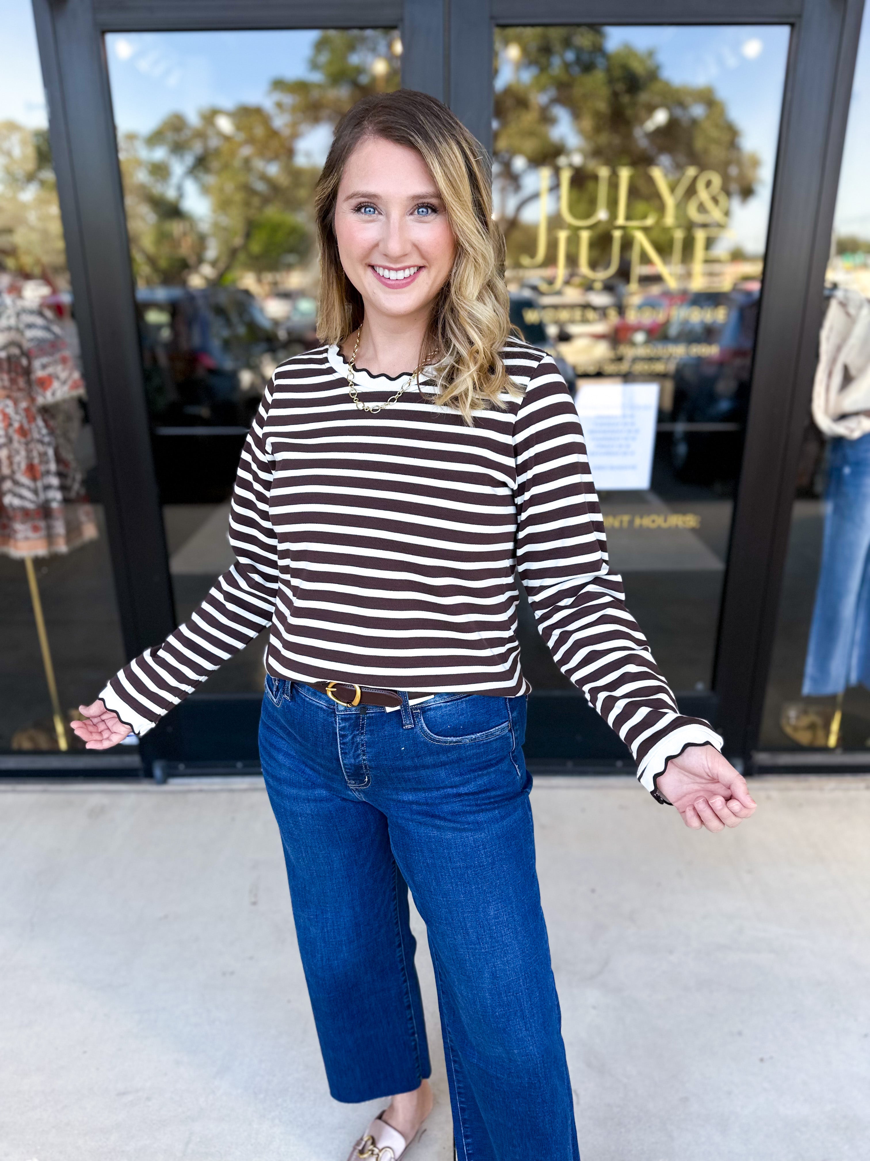 Chocolate Stripe Long Sleeve Top-210 Casual Blouses-POLOGRAM-July & June Women's Fashion Boutique Located in San Antonio, Texas