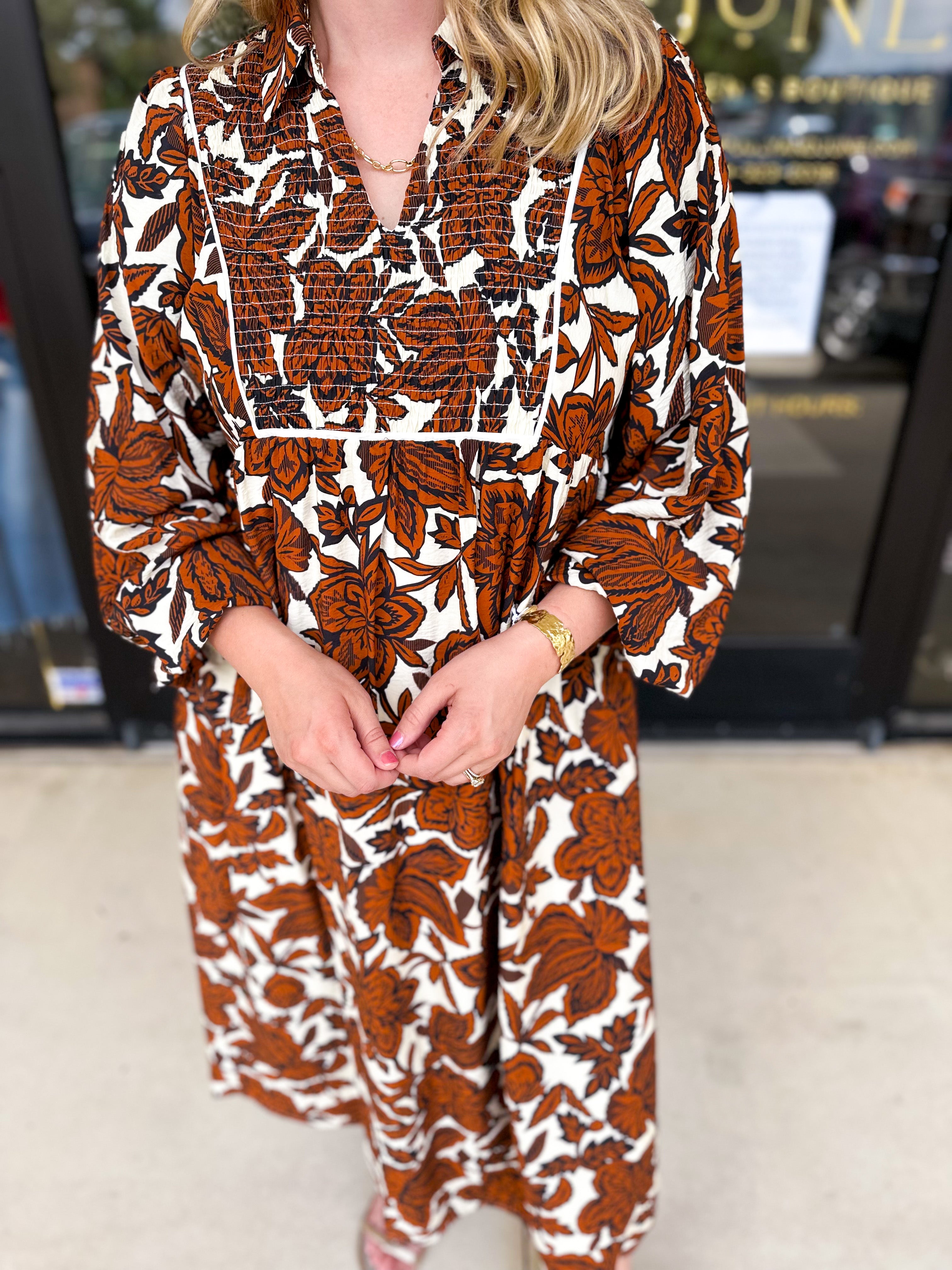 Rust Floral Midi Dress-500 Midi-JODIFL-July & June Women's Fashion Boutique Located in San Antonio, Texas
