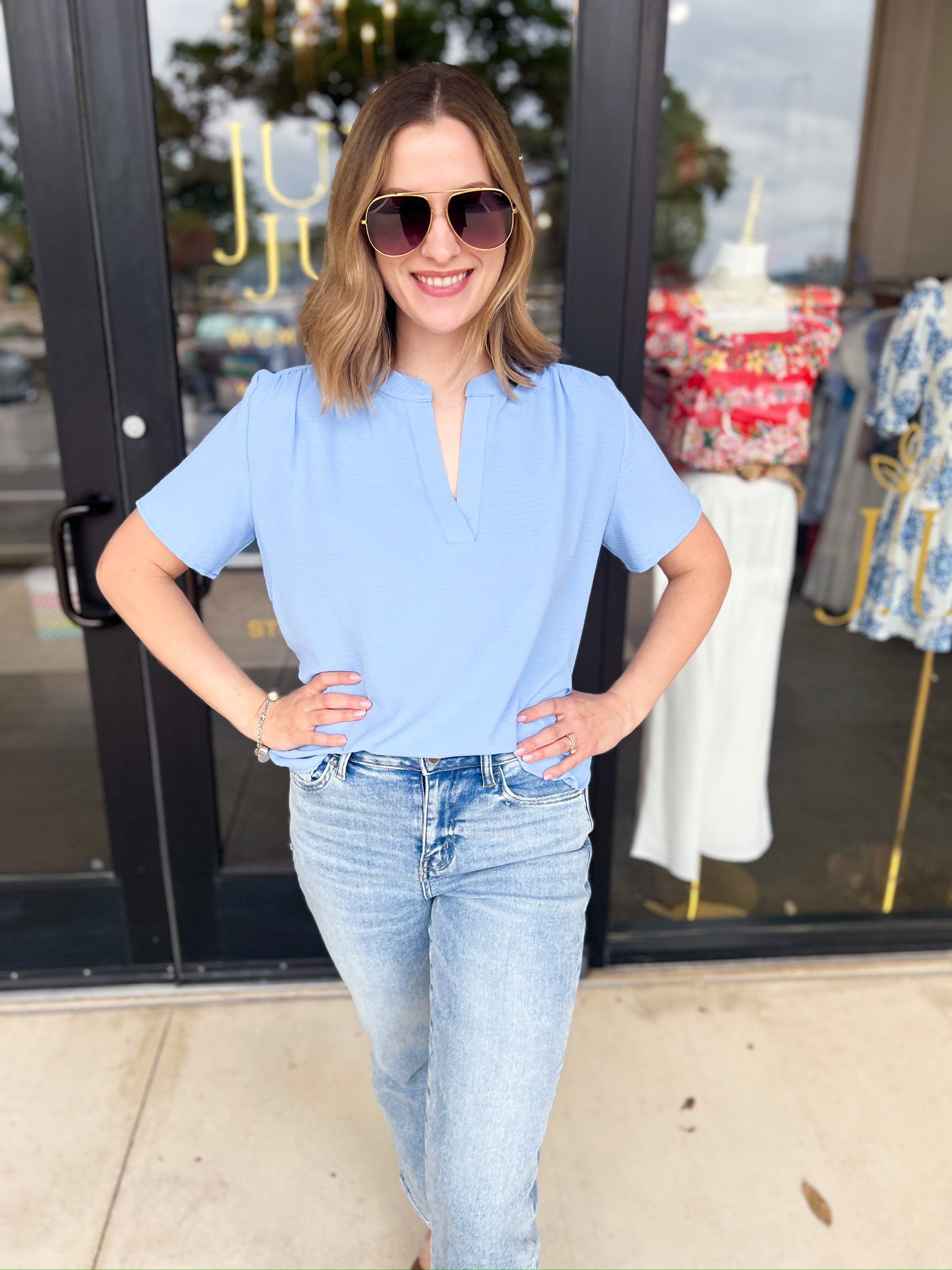 Classic V-Neck Blouse - Light Blue-200 Fashion Blouses-ENTRO-July & June Women's Fashion Boutique Located in San Antonio, Texas