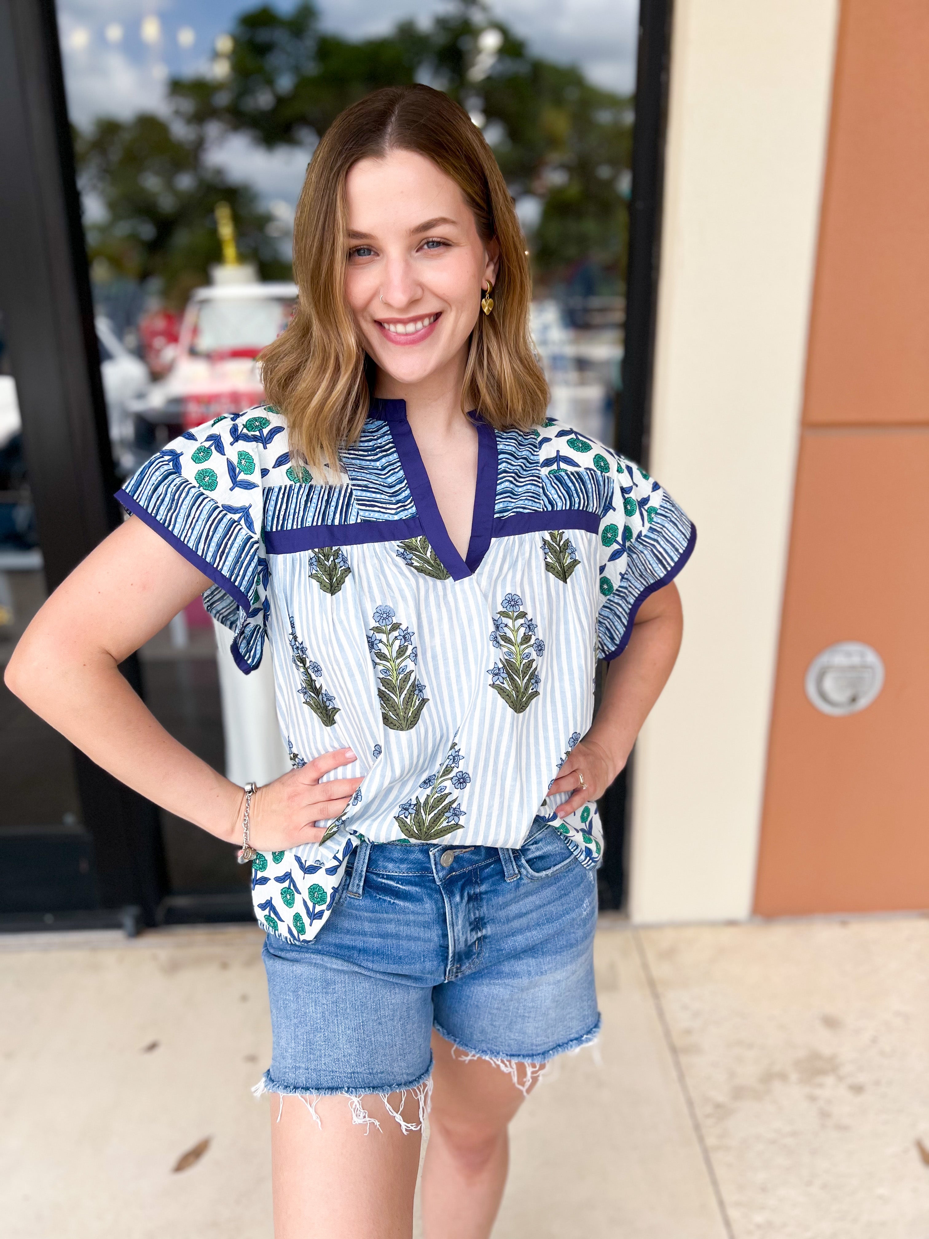 THML - Blue Floral Block Print Blouse-200 Fashion Blouses-THML-July & June Women's Fashion Boutique Located in San Antonio, Texas