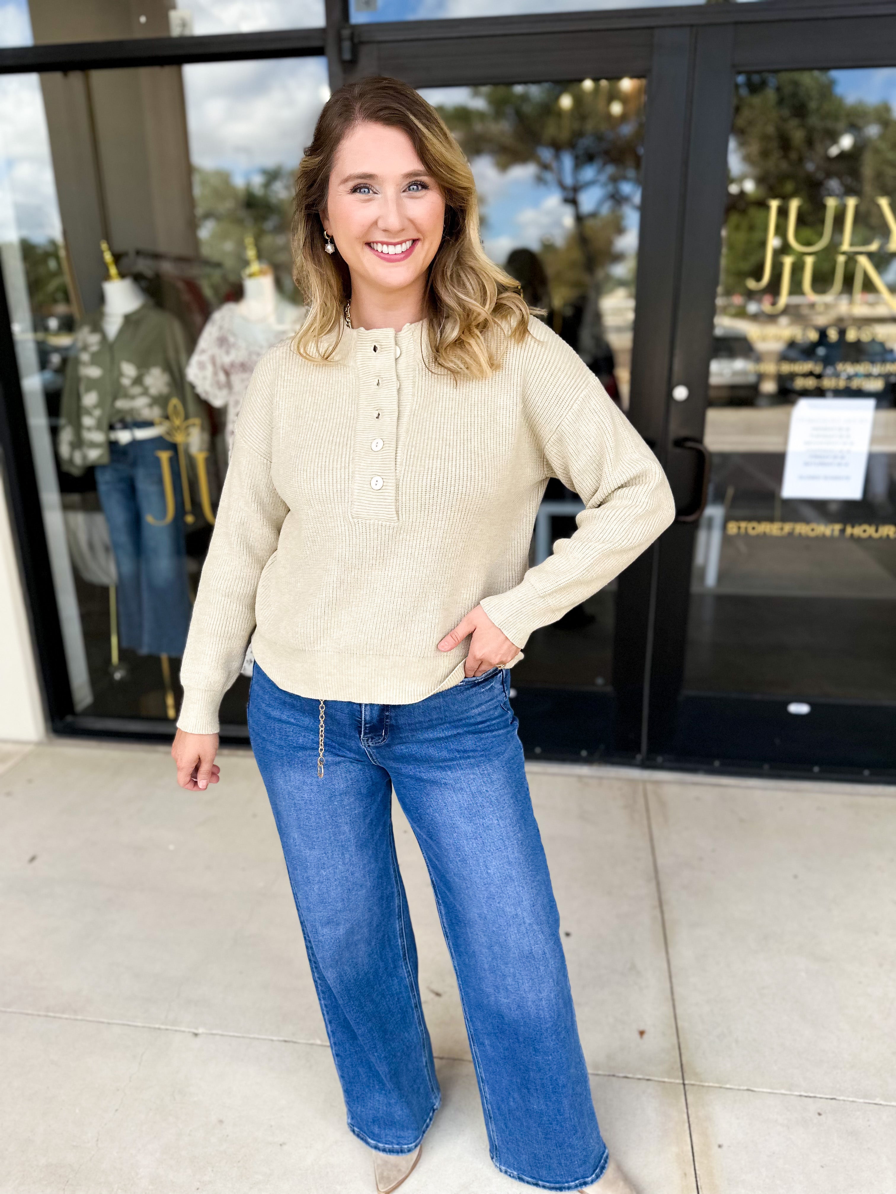 The Everyday Henley Sweater - Oatmeal-230 Sweaters/Cardis-JODIFL-July & June Women's Fashion Boutique Located in San Antonio, Texas