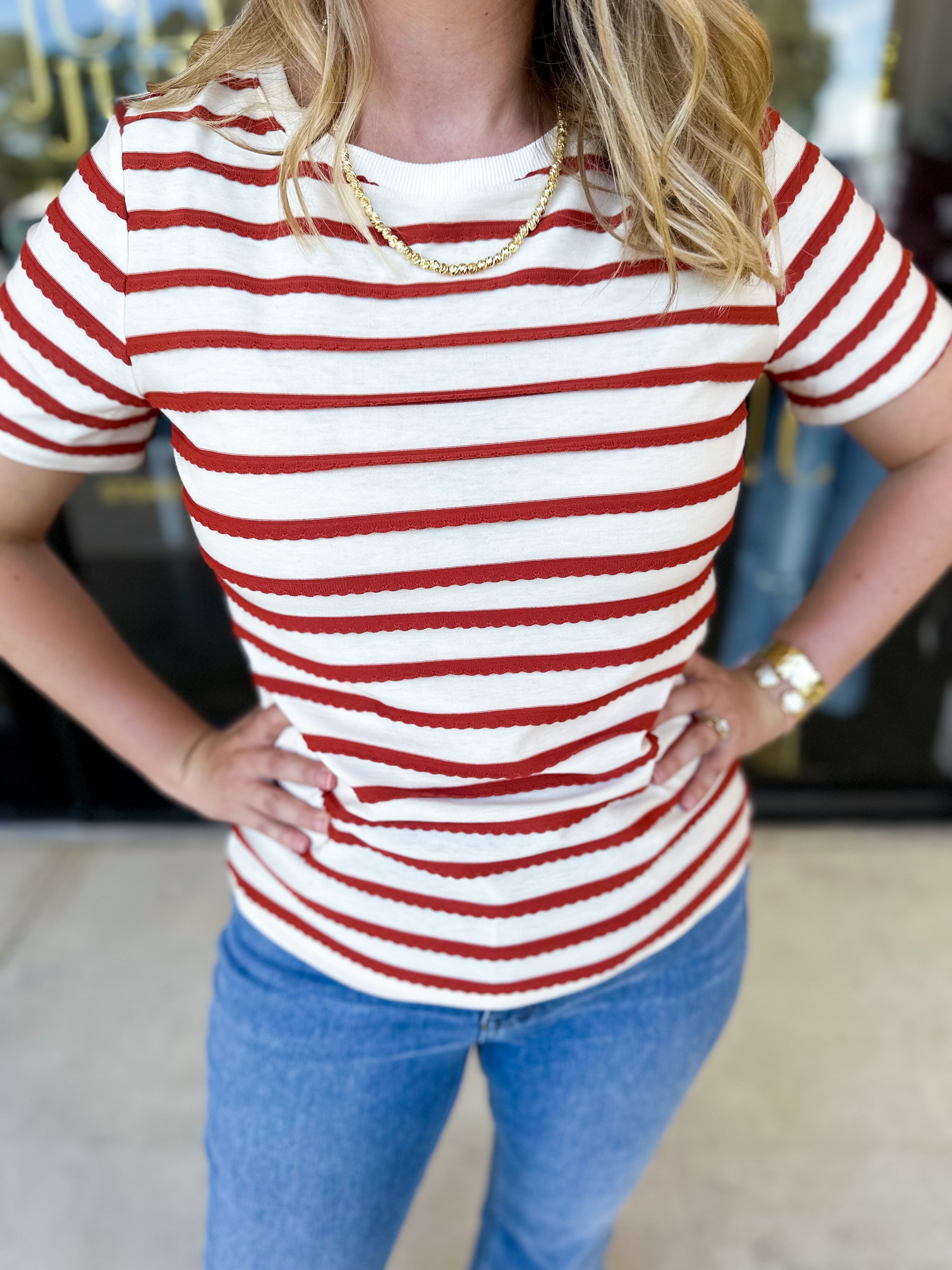 Striped Round Neck Tee - Rust-210 Casual Blouses-POLOGRAM-July & June Women's Fashion Boutique Located in San Antonio, Texas