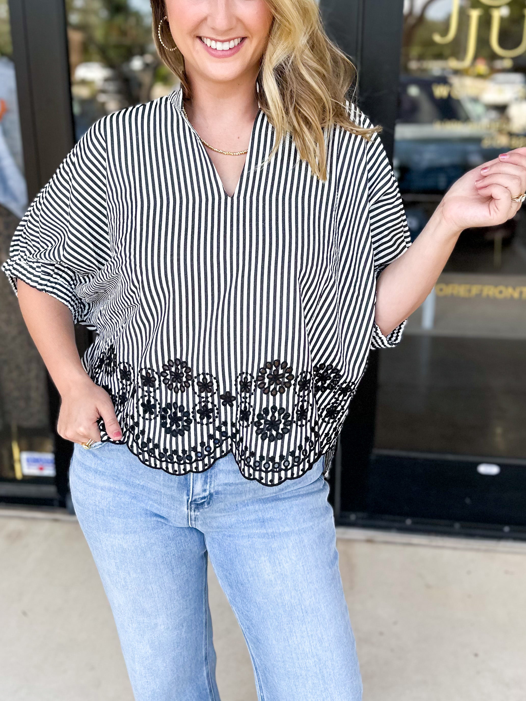 Floral Crochet Oversized Blouse - Black-200 Fashion Blouses-ENTRO-July & June Women's Fashion Boutique Located in San Antonio, Texas